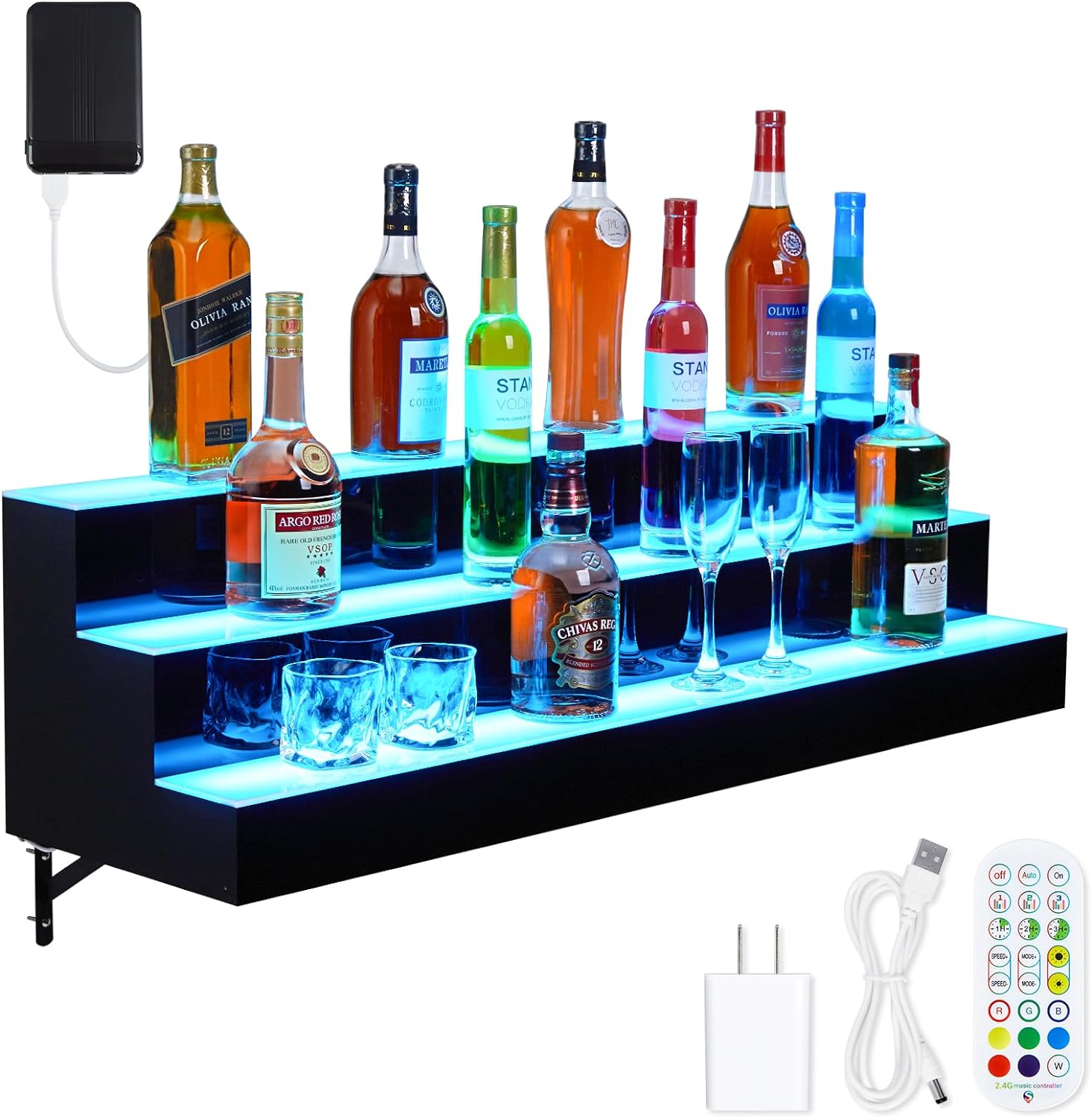 GarveeTech LED Lighted Liquor Display Shelf 3 Tier 40 Inch