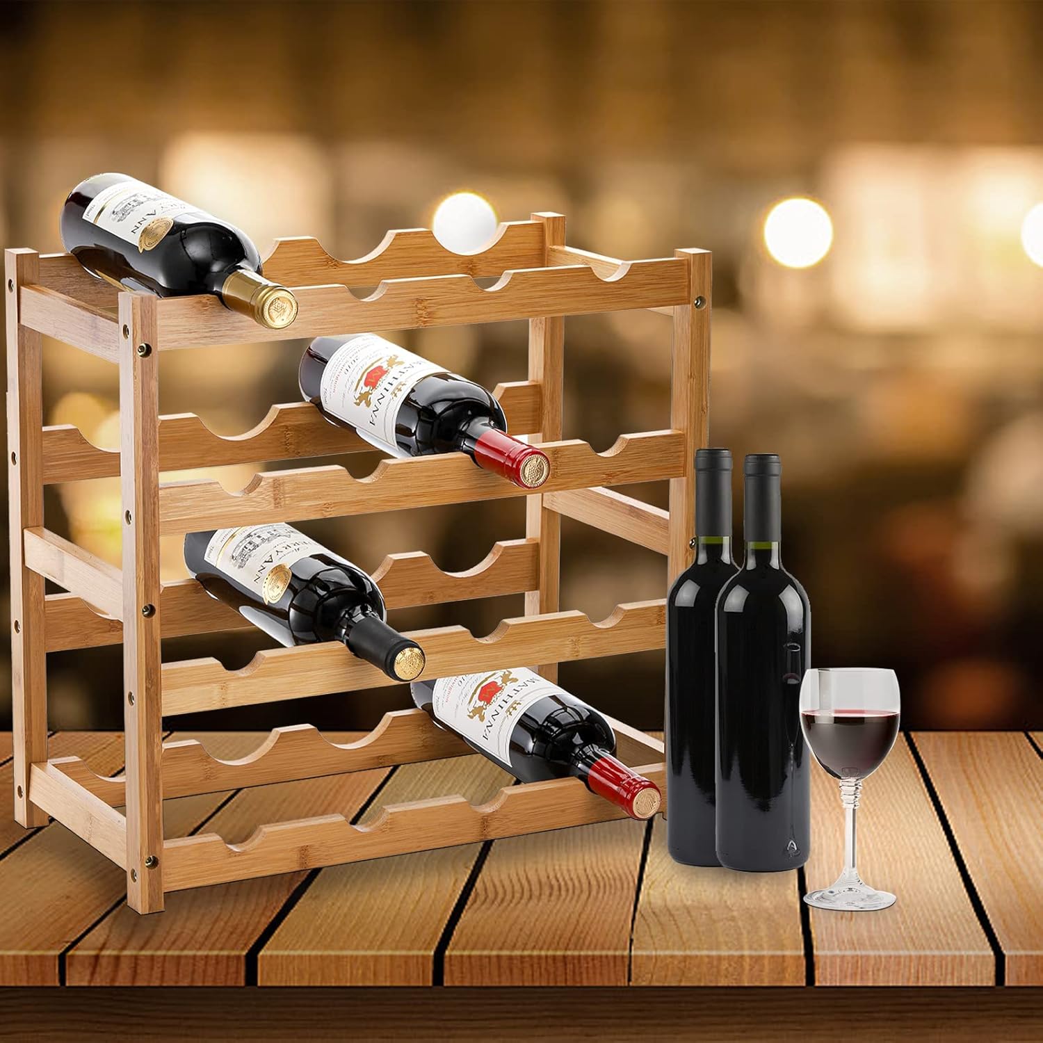 TOPZEA 4 Tier Bamboo Wine Rack 16 Bottles Countertop Storage
