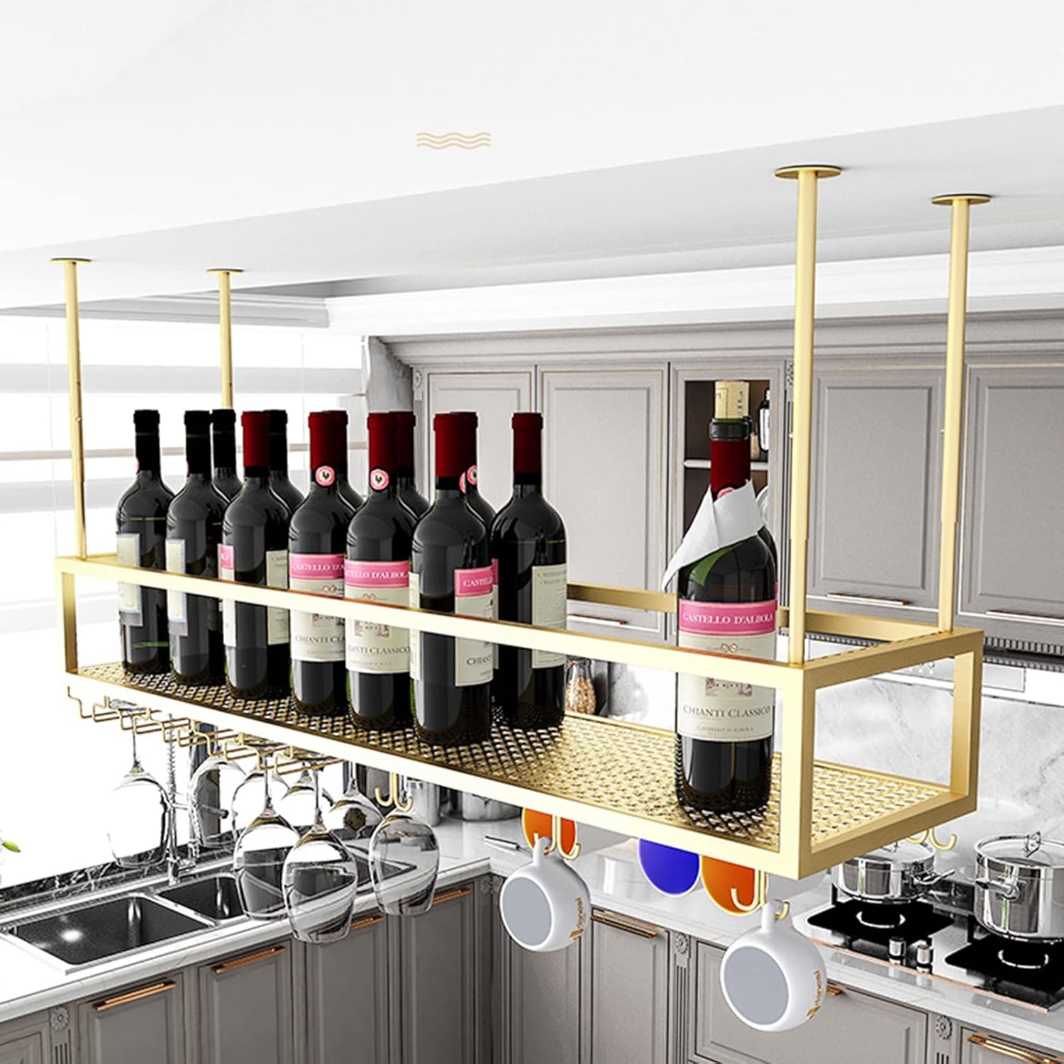 Suuim Wine Rack Ceiling Holder Adjustable Height Floating Wine Shelf for Kitchen