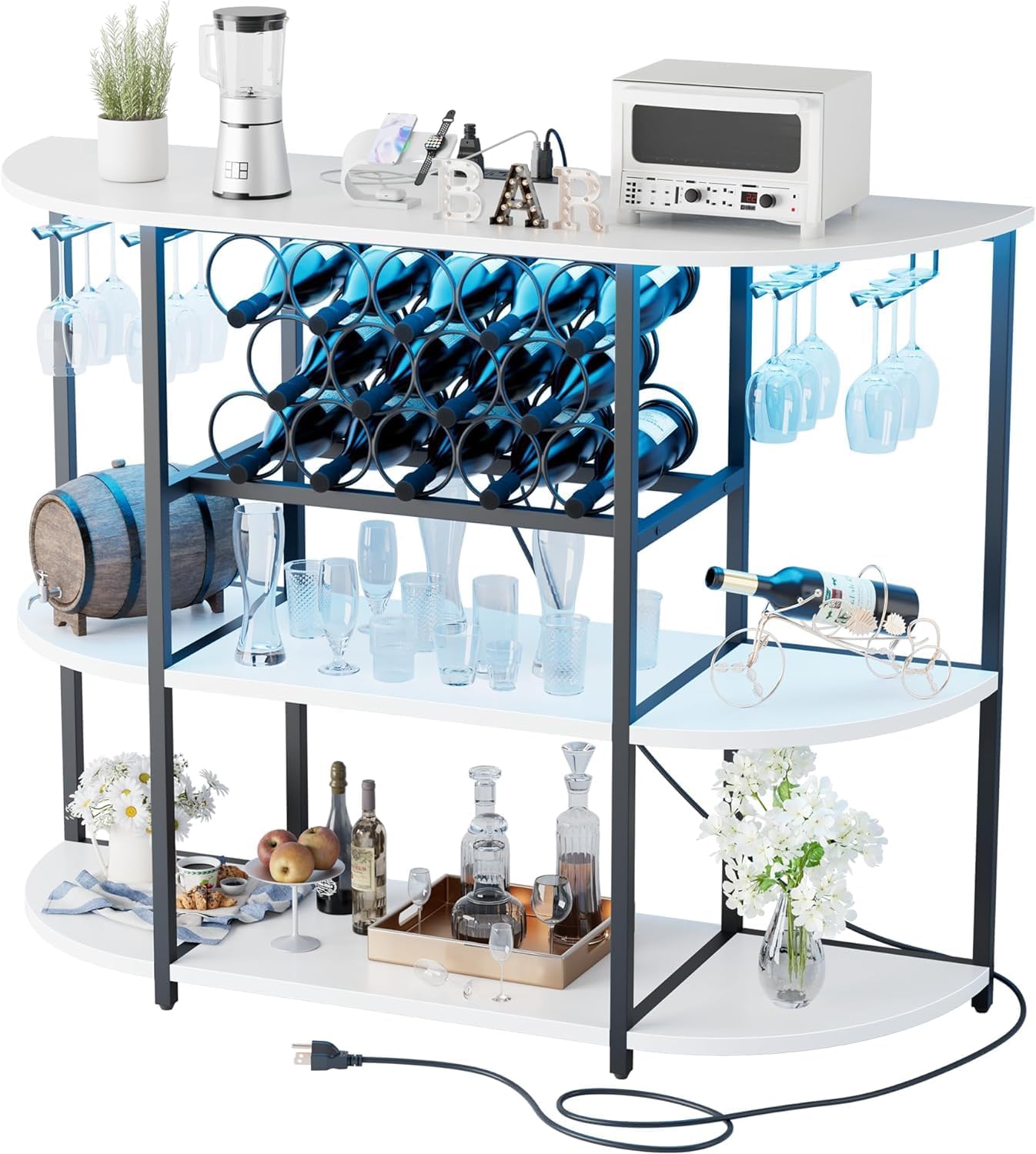 JUMMICO Wine Bar Cabinet with LED Light and Charging Station White