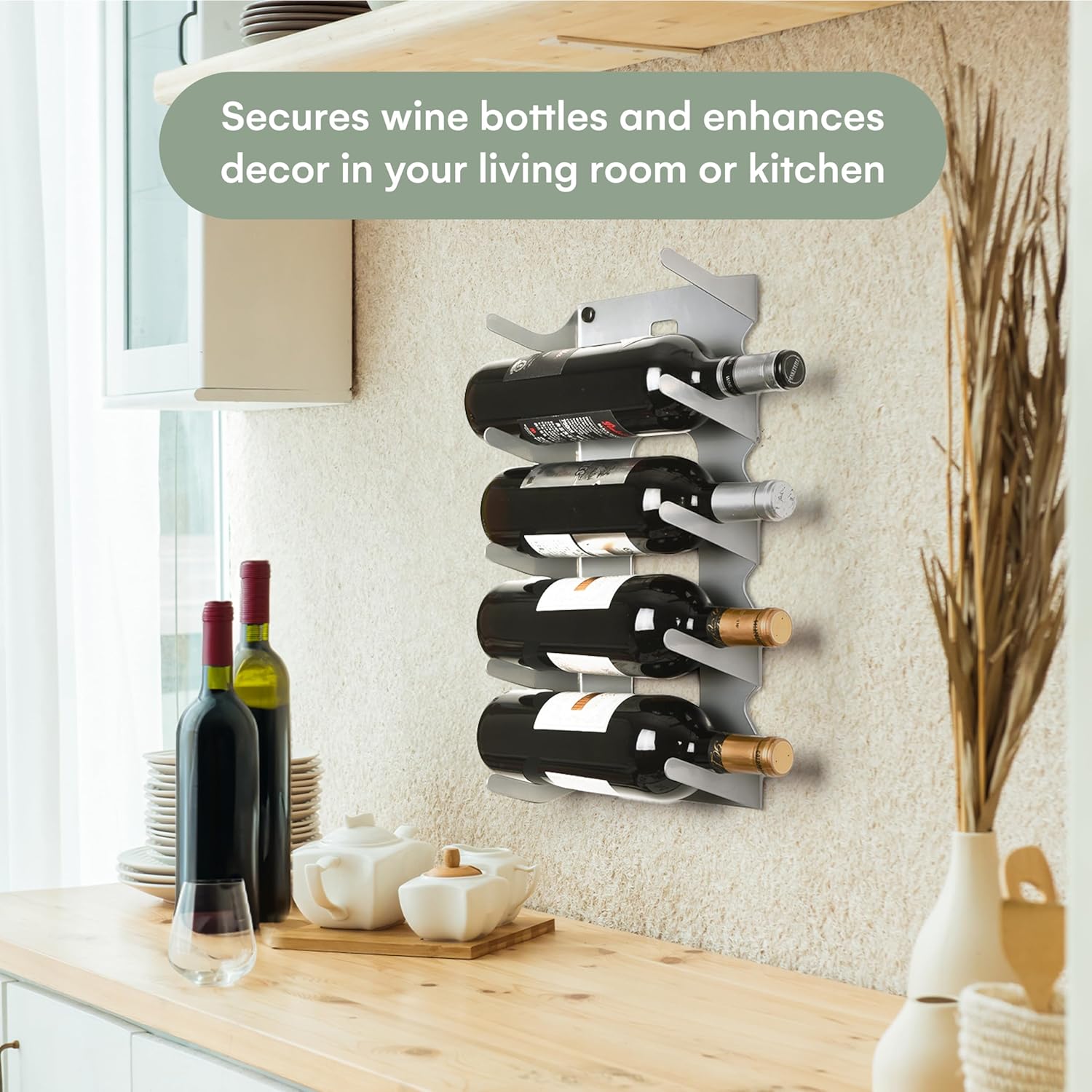 Hallops Wine Holder - 5 Bottle Rack - Modern Metal Design - Sturdy Wall Mount - Silver