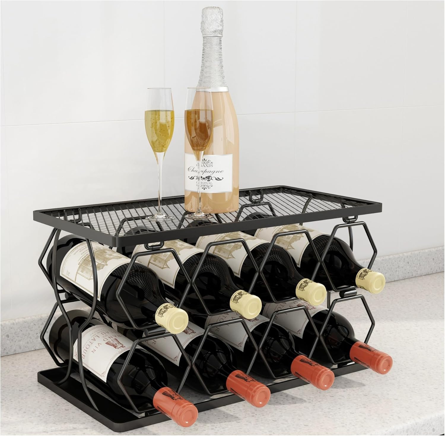 Generic LMingKun 6-8 Bottle Freestanding Wine Rack - Modern Black Metal 2 Tier