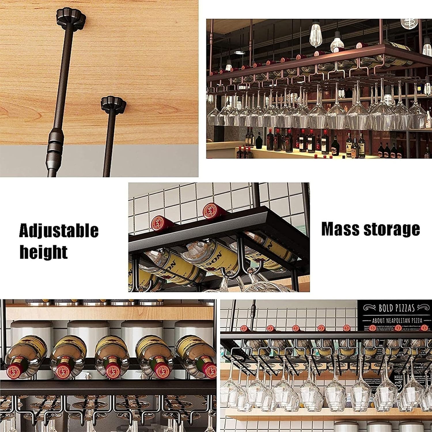 Adjustable Ceiling Wine Rack 100cm Metal Holder for Kitchen Bar