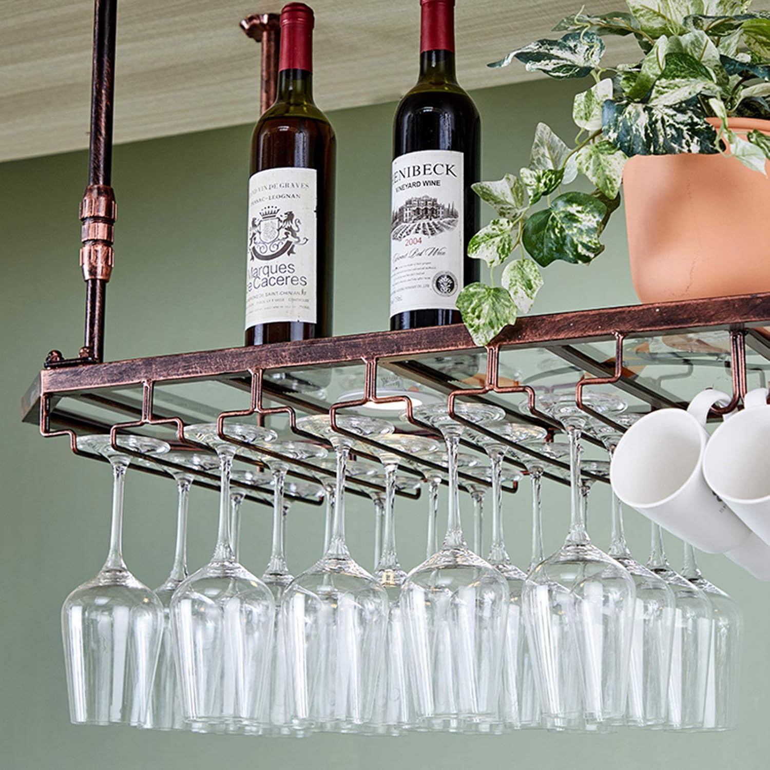 Rustic Bronze Wine Rack with Adjustable Glass Holder