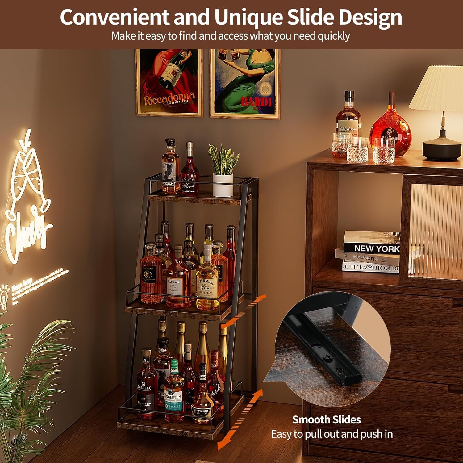 Nuovoware 3-Tier Stepped Liquor Cabinet with Slide Drawer Black