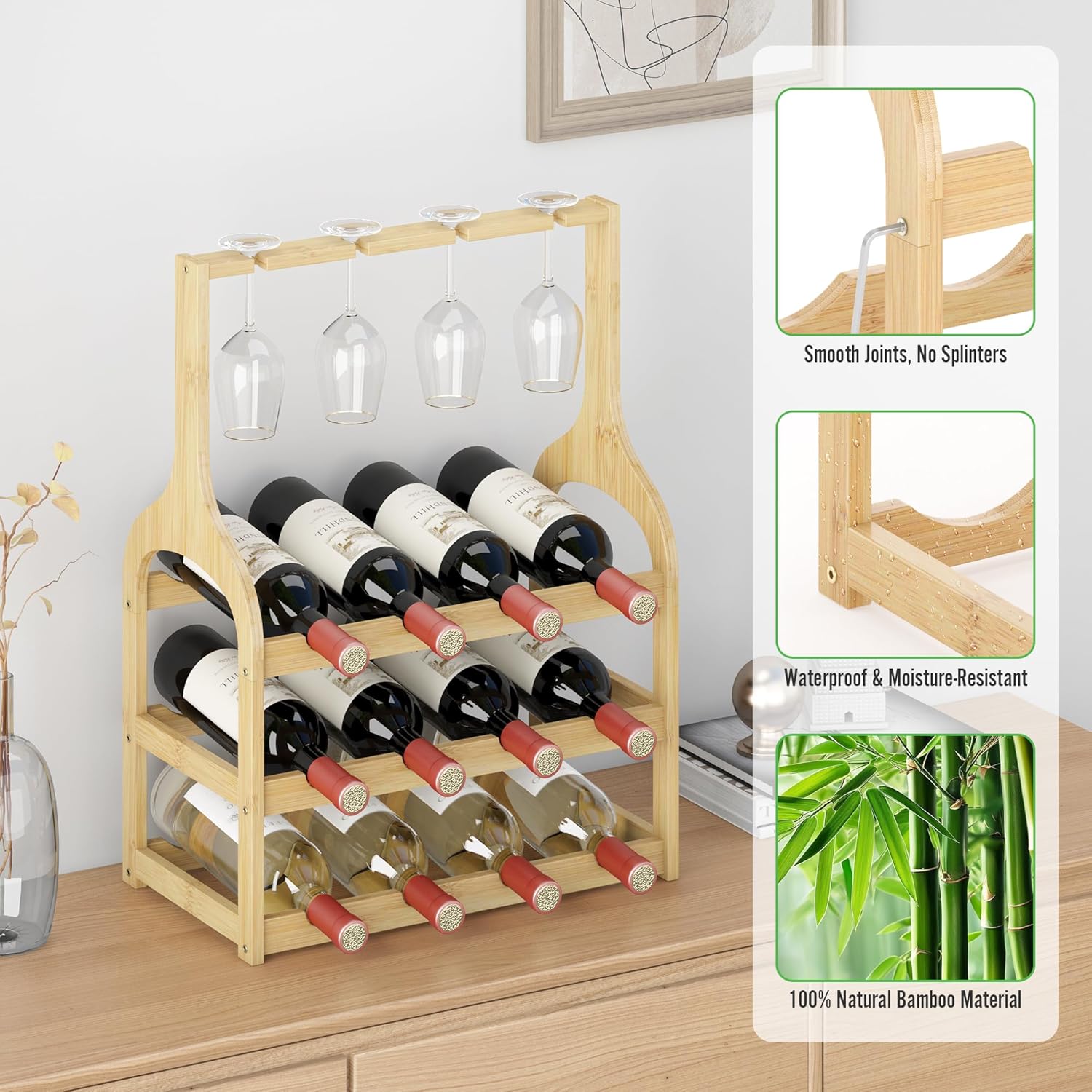 Bamboo Wine Rack Holds 12 Bottles and 4 Glasses