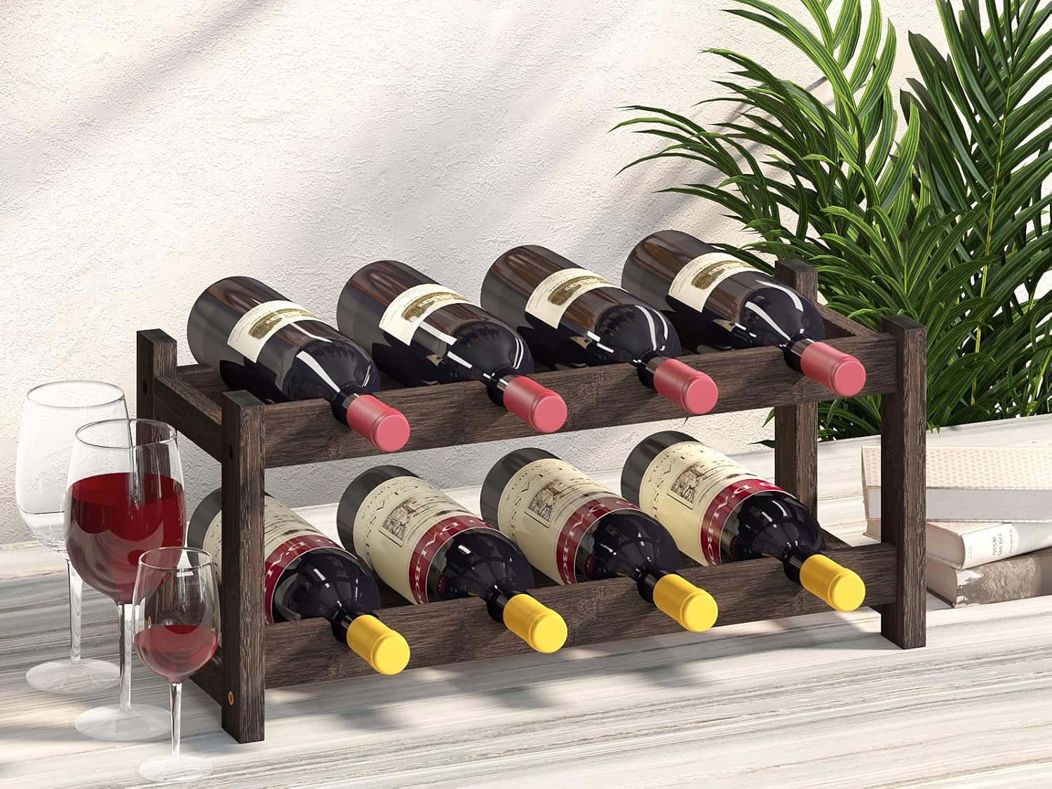 BAMEOS Free Standing 8 Bottle Bamboo Wine Rack 2 Tier