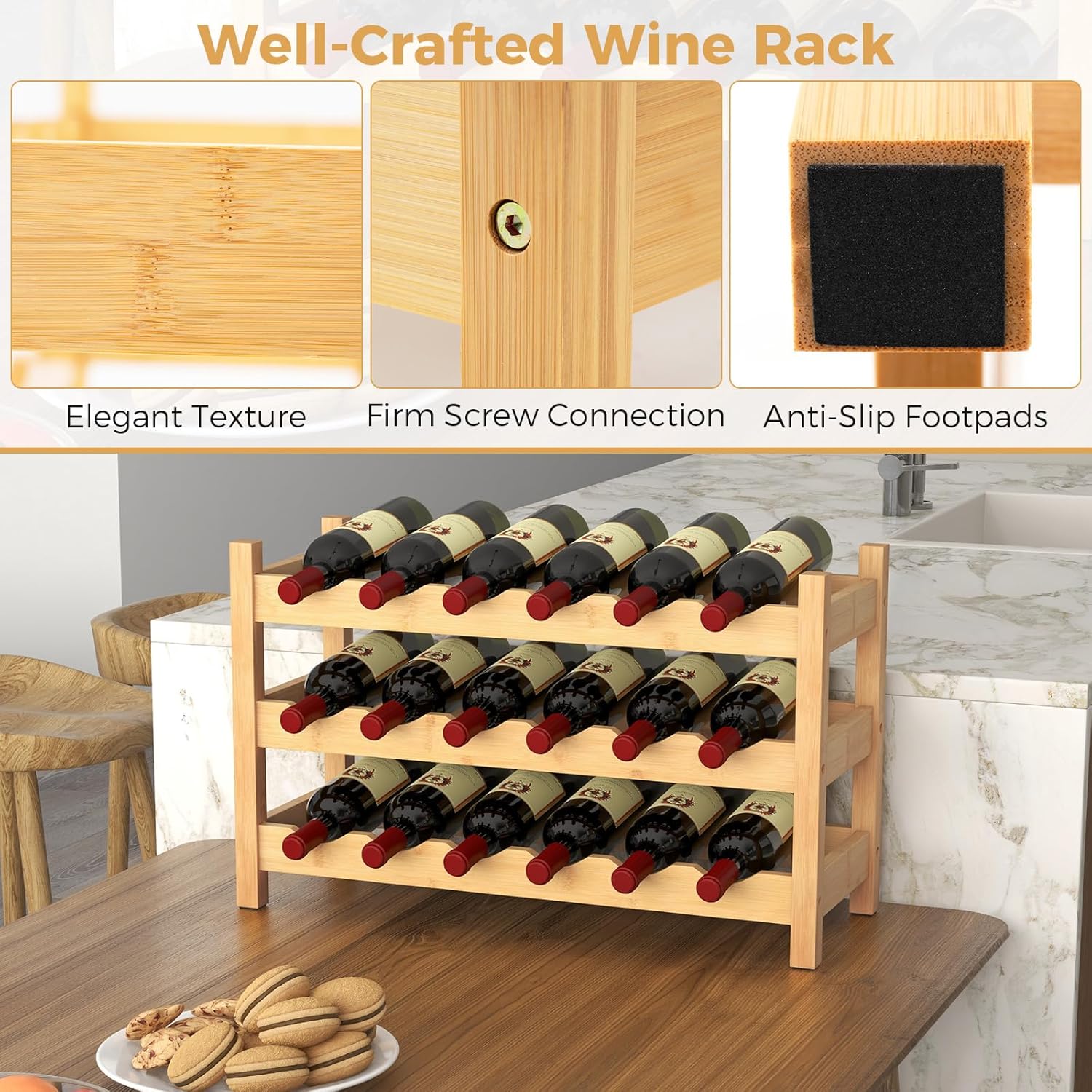 COSTWAY 3-Tier Bamboo Wine Rack 18-Bottle Organizer