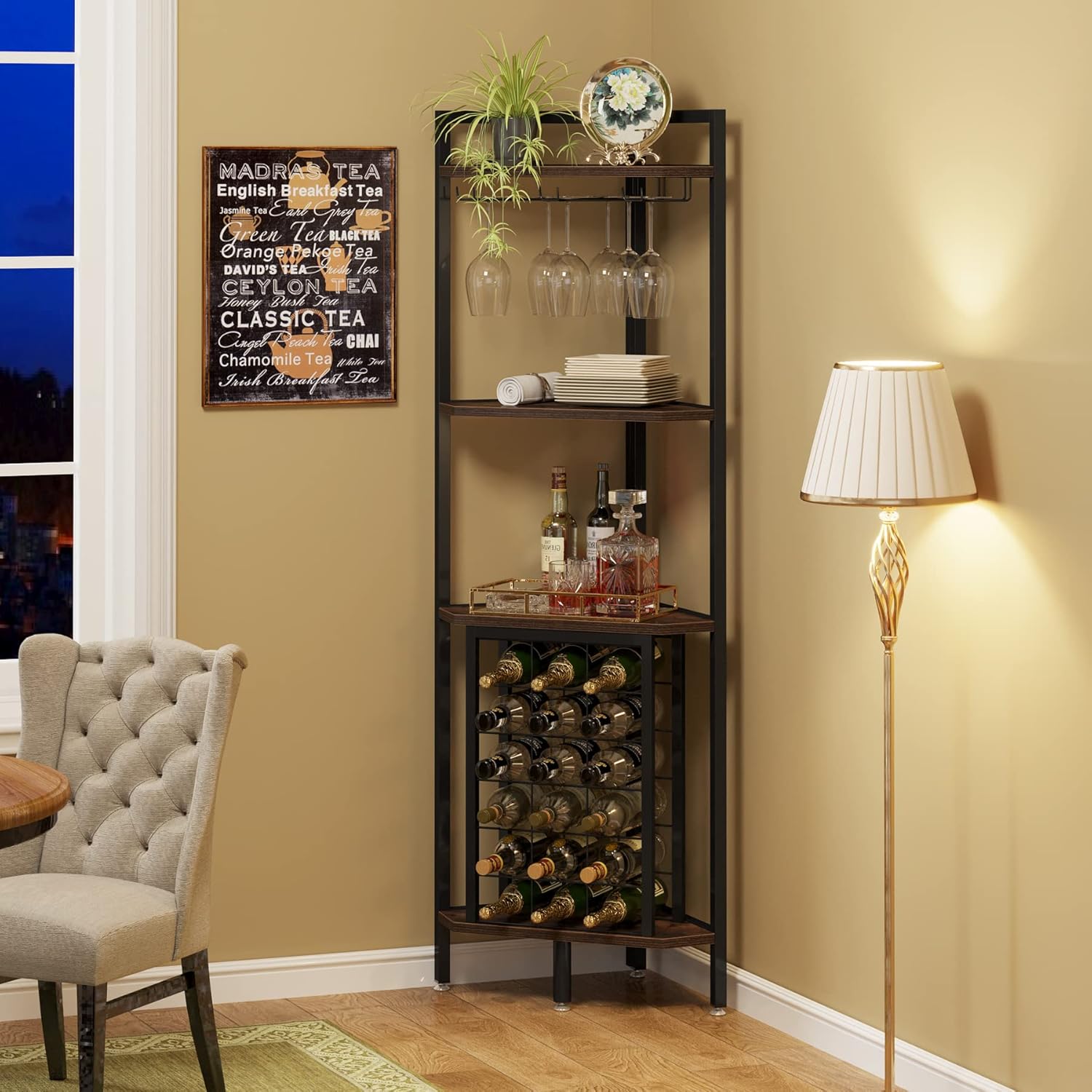 LITTLE TREE Corner Wine Rack with Glass Holder Brown