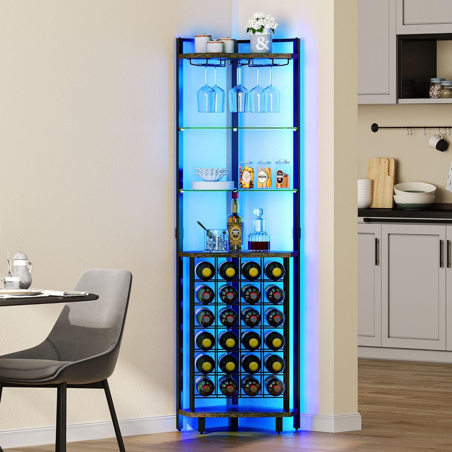 DWVO Corner Wine Rack with LED Light and Outlet