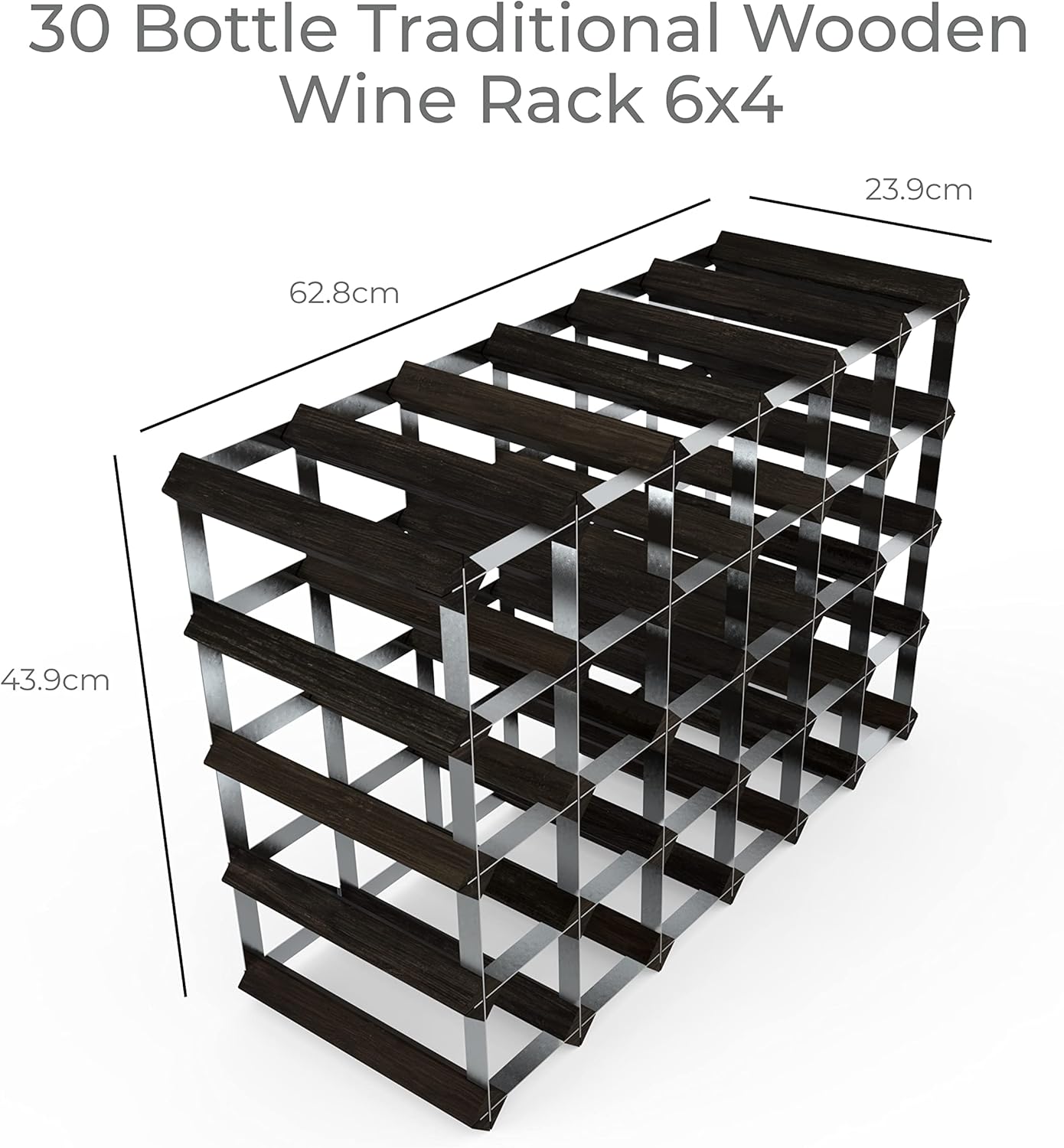 RTA Freestanding Wine Rack - 30 Bottles Black Ash Pine UK Made