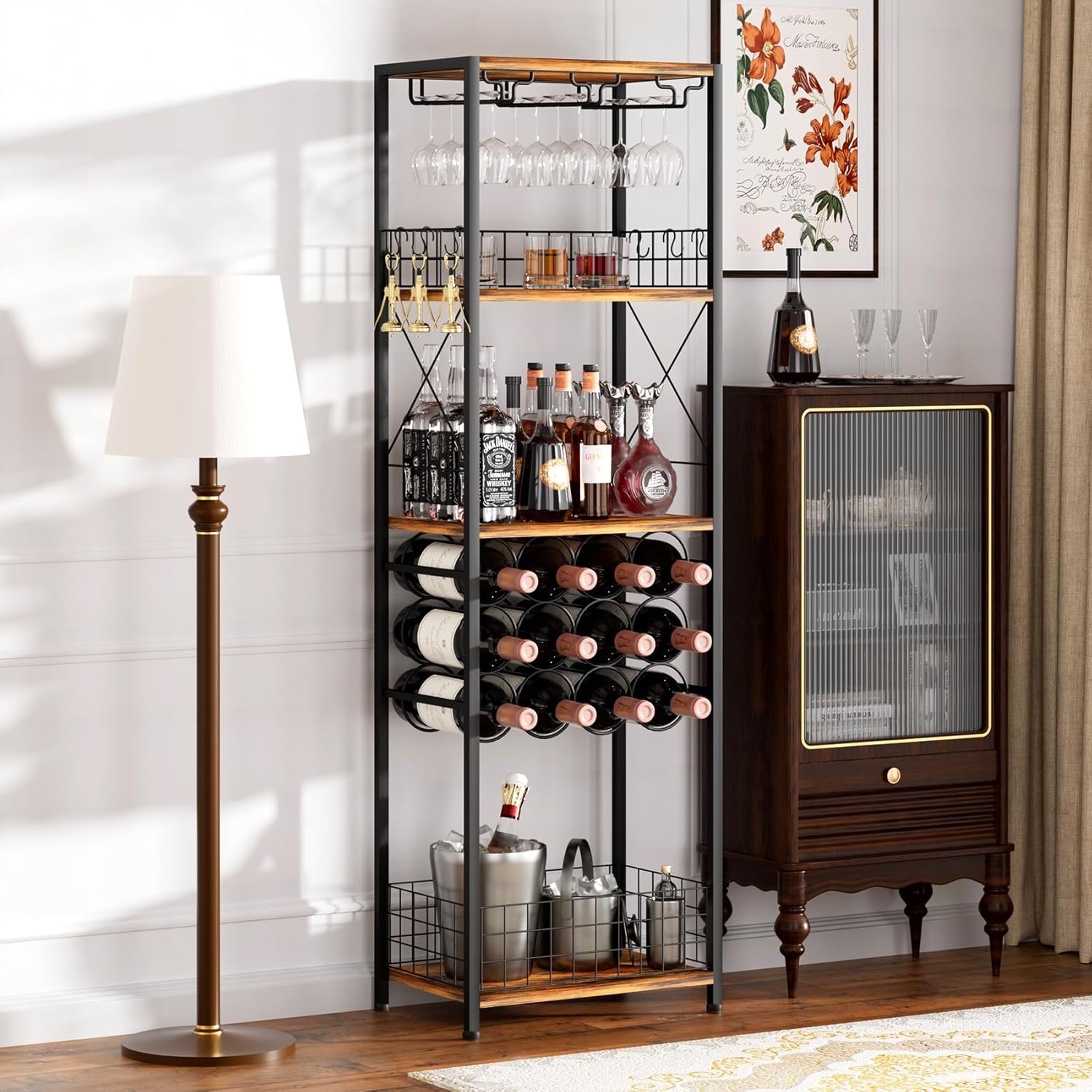 Freestanding Wine Rack with Glass Holder 40-Bottle Capacity Modern Bar Cabinet