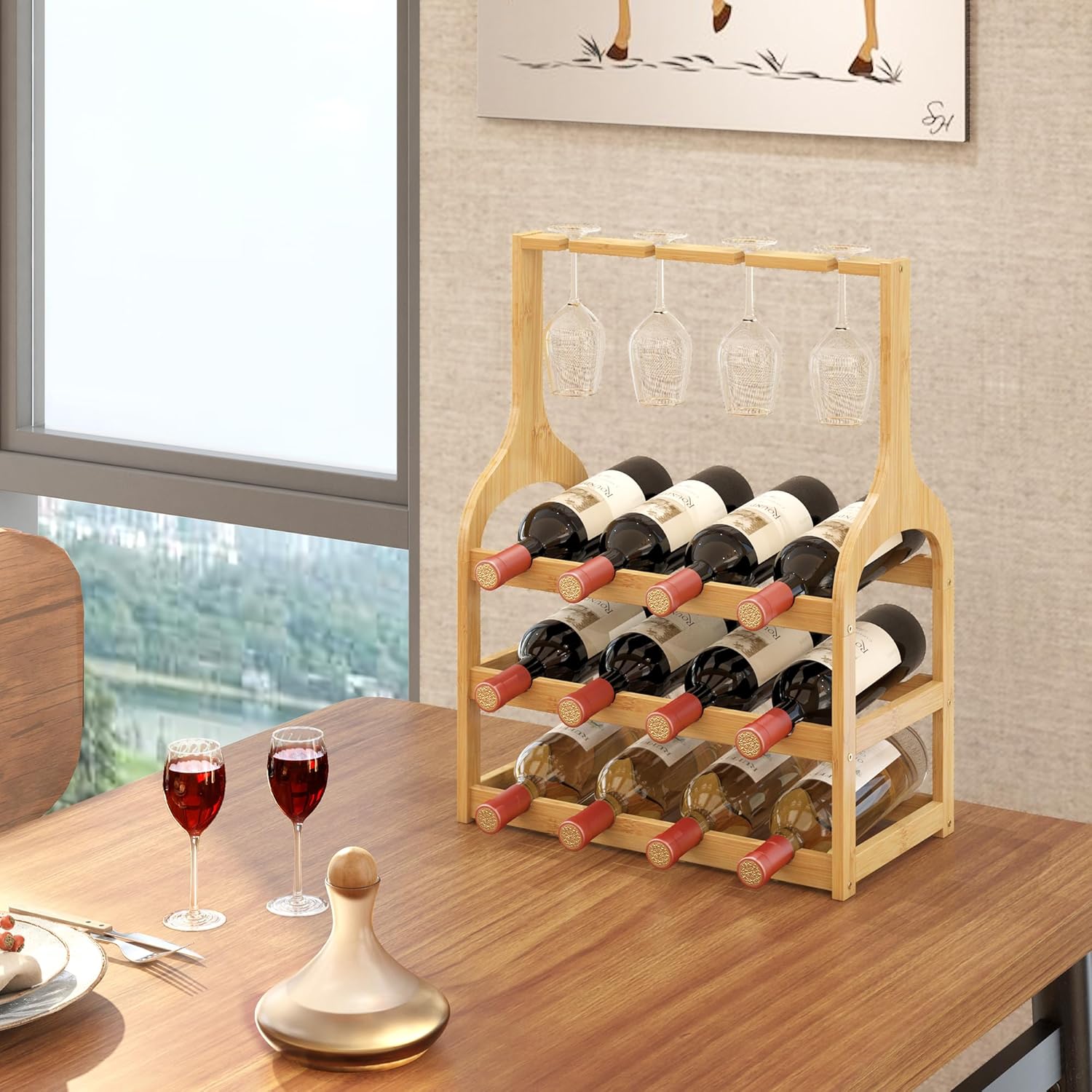 Bamboo Wine Rack Holds 12 Bottles and 4 Glasses