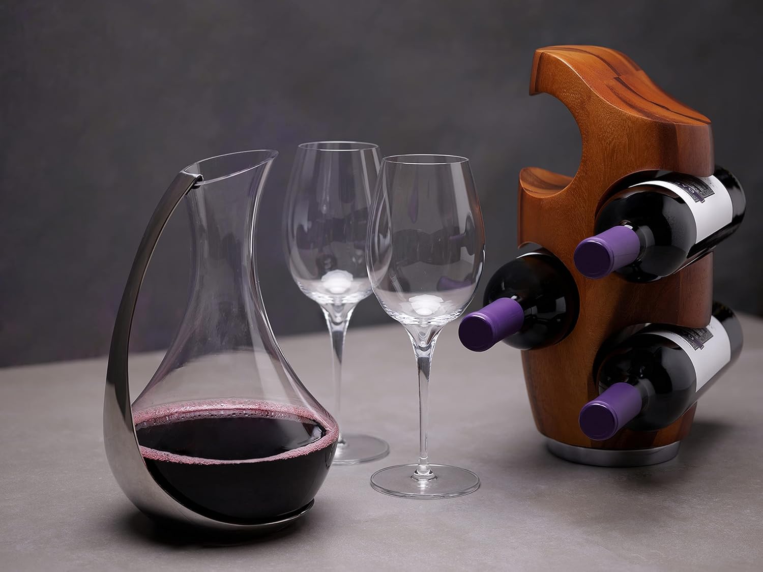 Nambe Vie 4-Bottle Wine Rack Acacia Wood Alloy Base