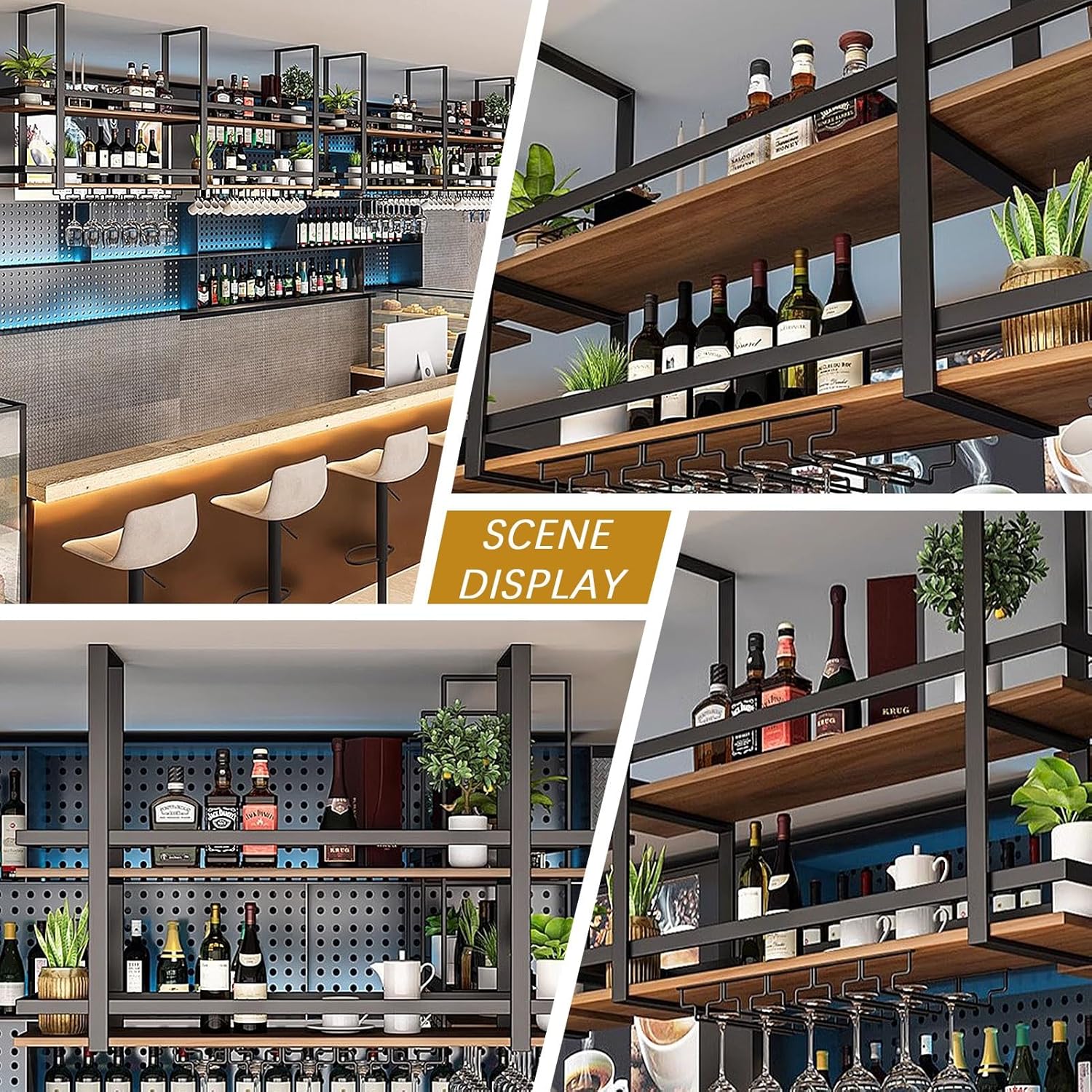 Hanging Wine Rack 2 Layer Metal Ceiling Glass Holder with Shelf and Display