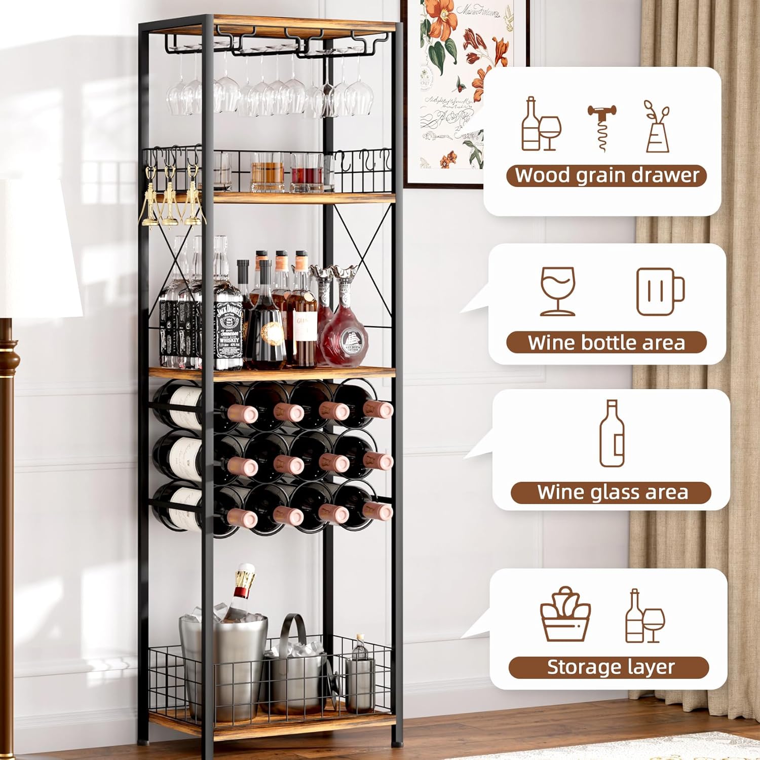 Freestanding Wine Rack with Glass Holder 40-Bottle Capacity Modern Bar Cabinet