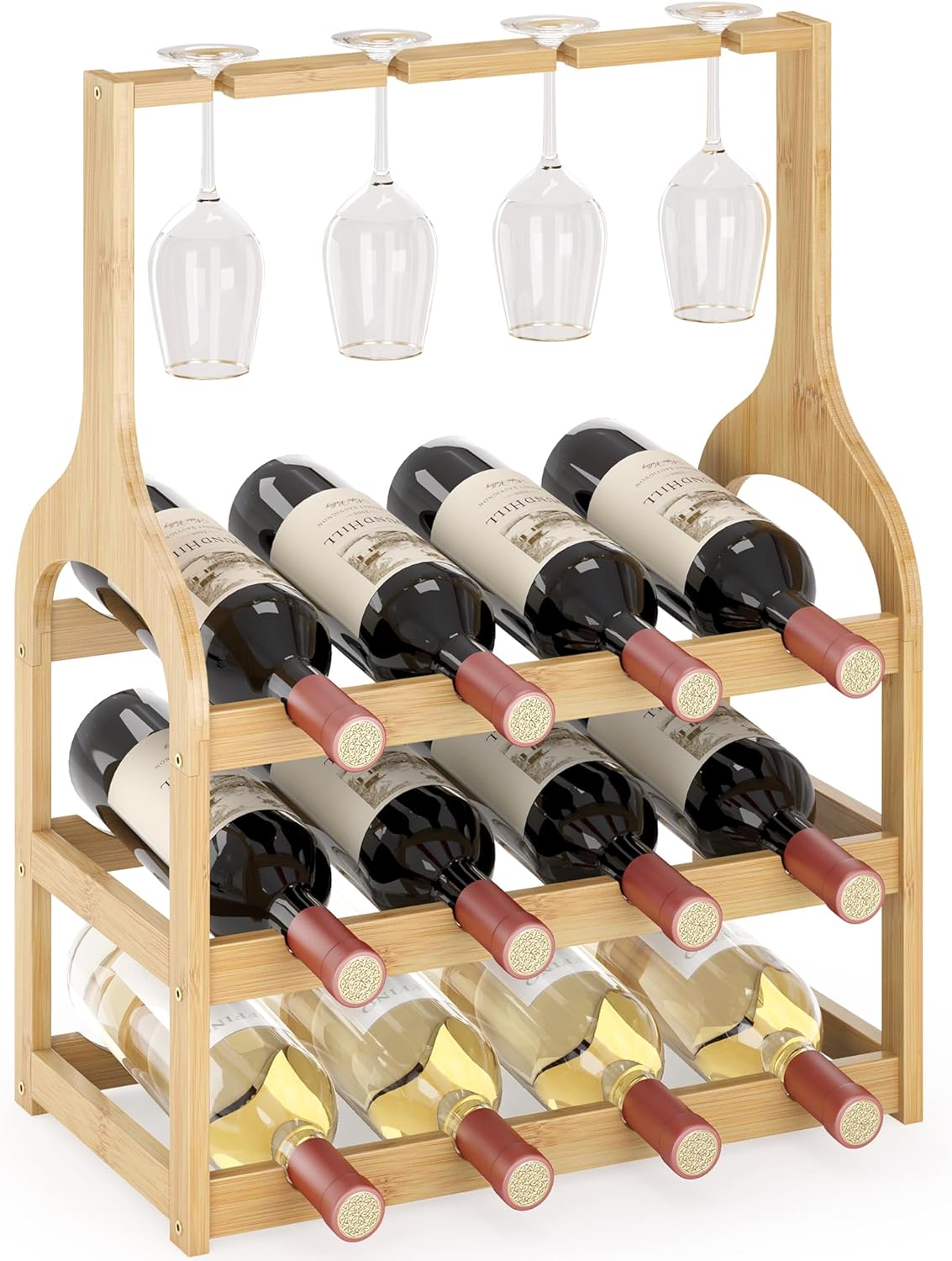 Bamboo Wine Rack Holds 12 Bottles and 4 Glasses
