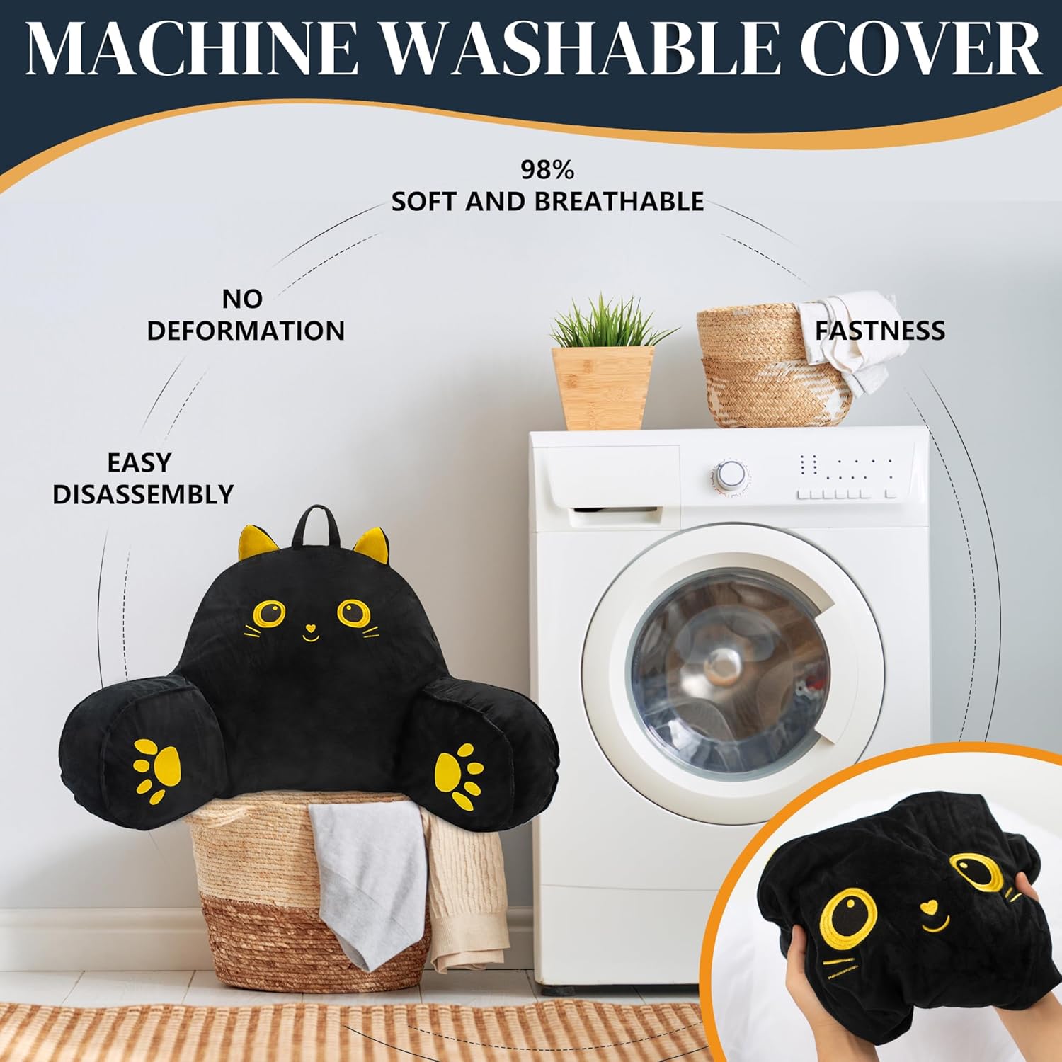 QCats Black Cat Reading Pillow with Armrests and Washable Cover