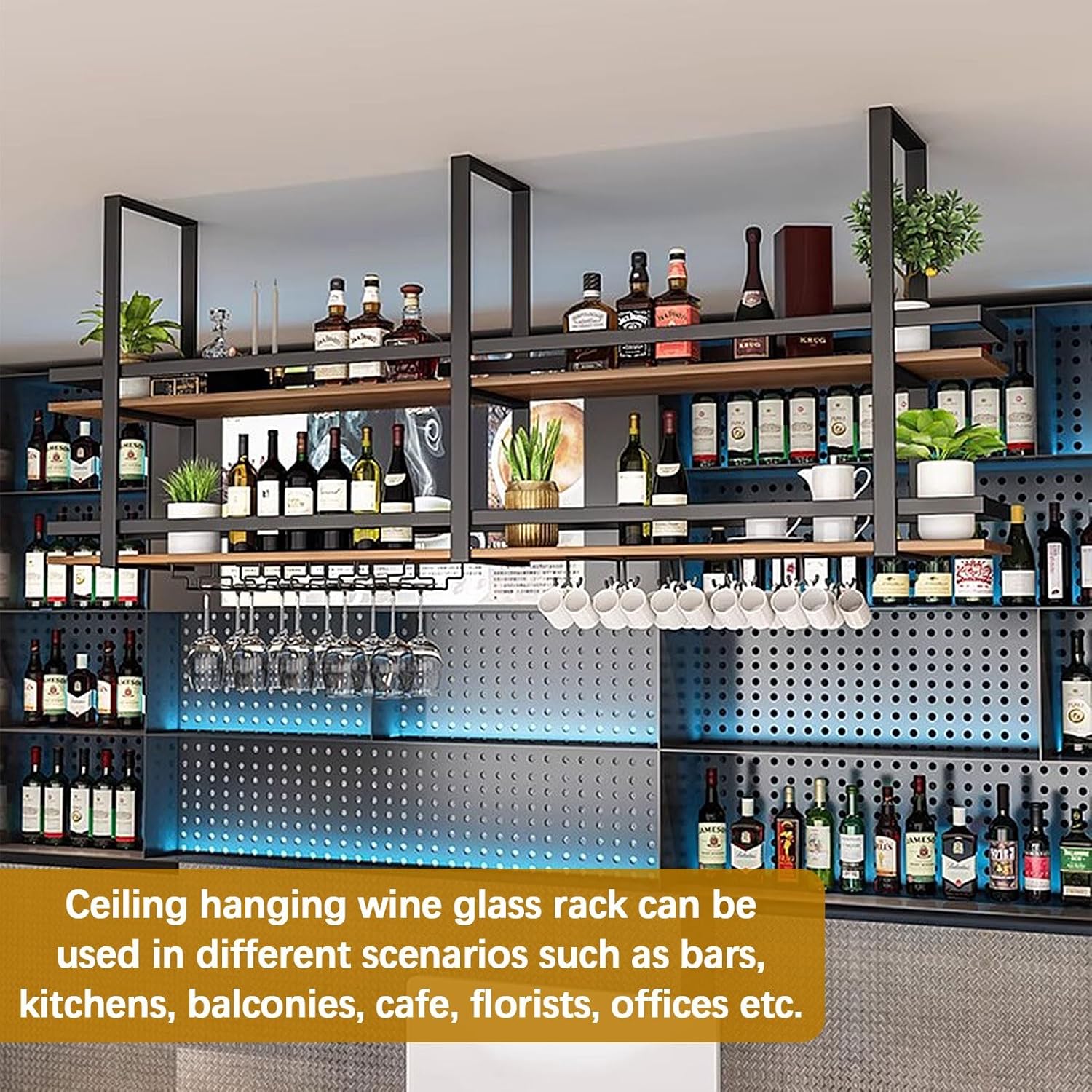 Hanging Wine Rack 2 Layer Metal Ceiling Glass Holder with Shelf and Display