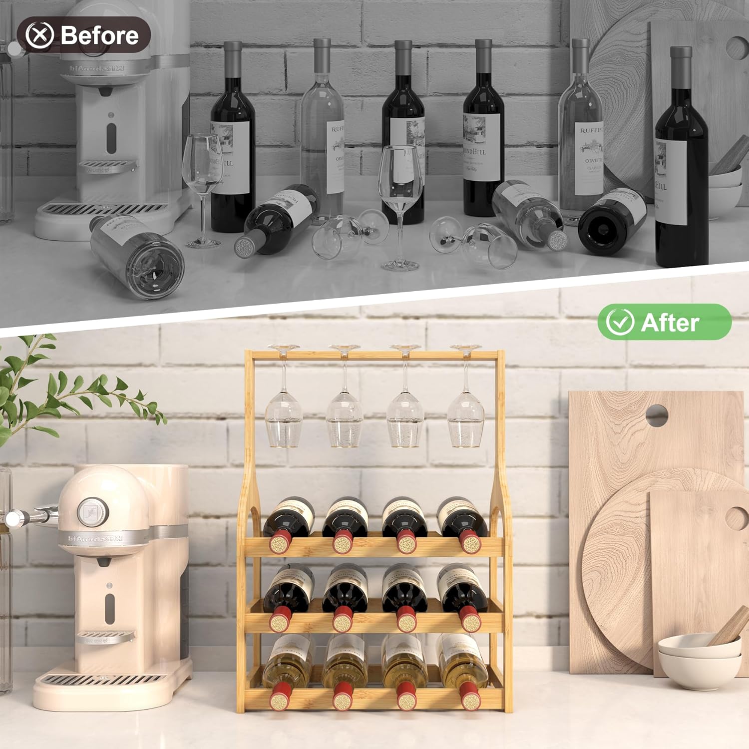 Bamboo Wine Rack Holds 12 Bottles and 4 Glasses