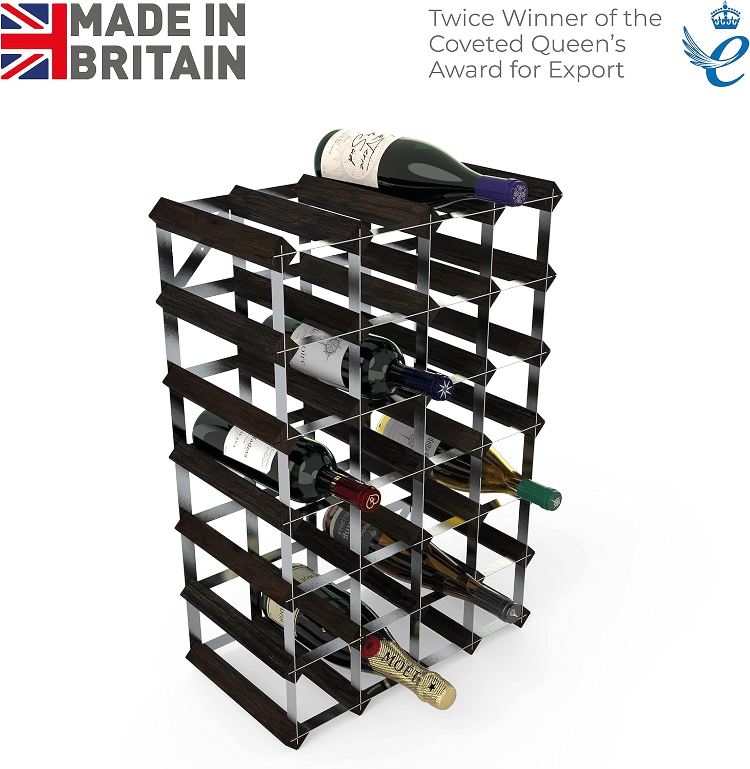 RTA Freestanding Wine Rack - 30 Bottles Black Ash Pine UK Made