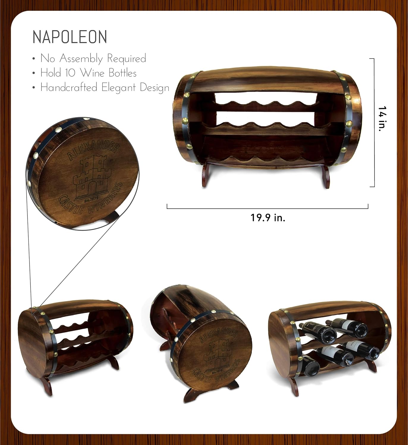Puzzled Napoleon Wine Rack - Freestanding Wooden Barrel Holder for 10 Bottles