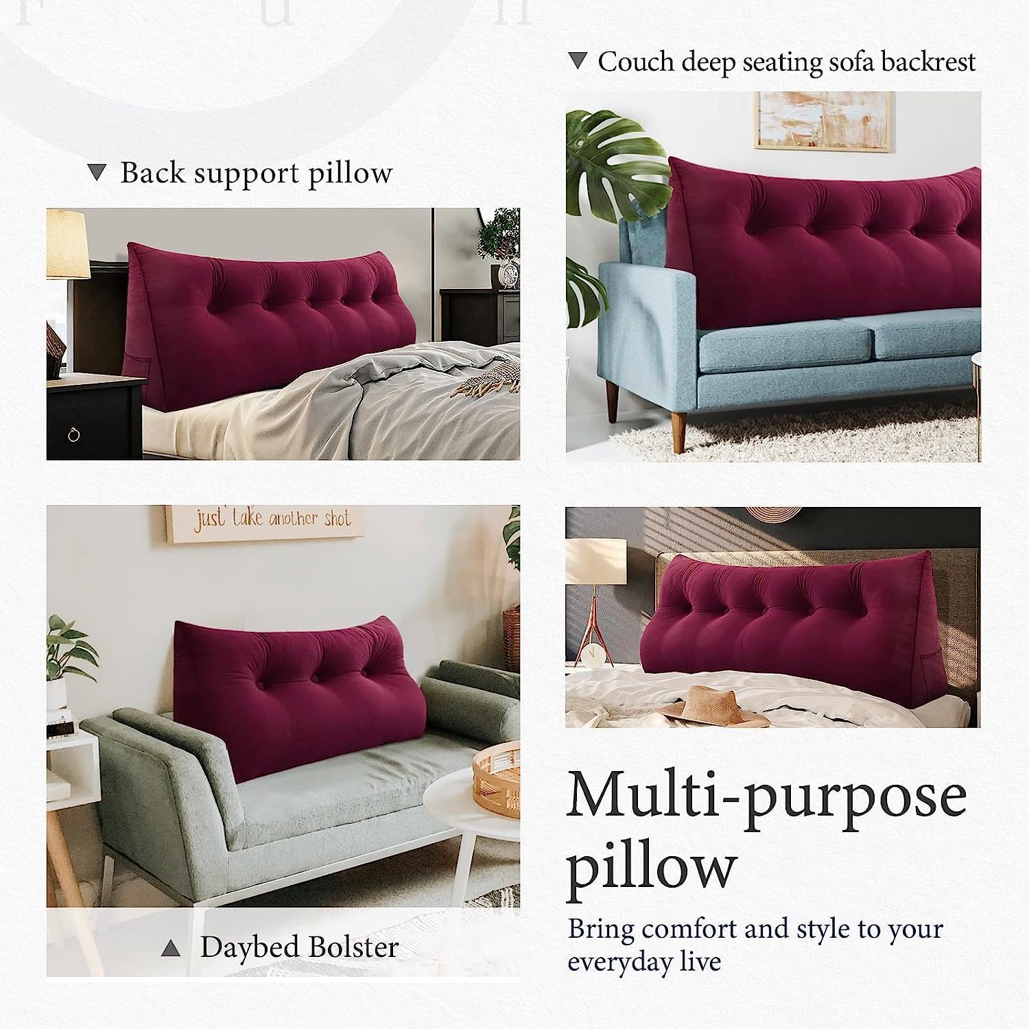 Triangle Headboard Pillow - 3 in 1 Velvet Wine Red Bed Pillow