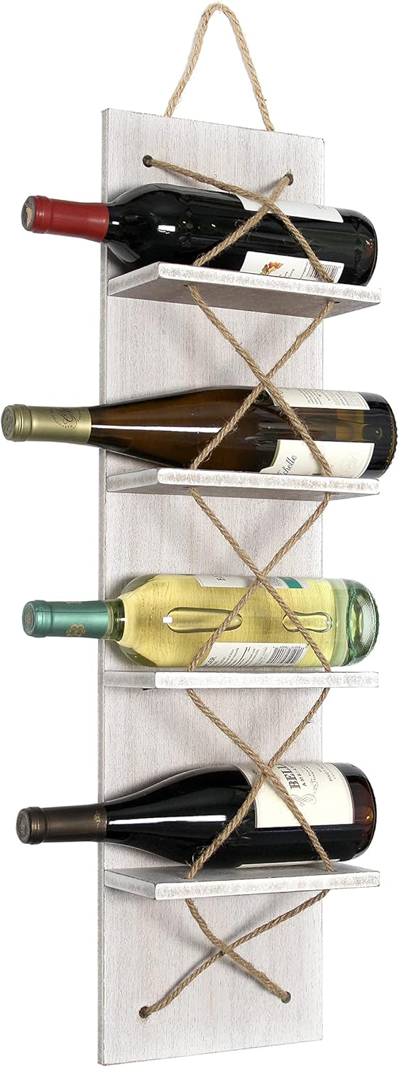 Elegant Designs HG1019-WWH Positano Nautical Rope 4 Bottle Wall Mounted Wine Rack