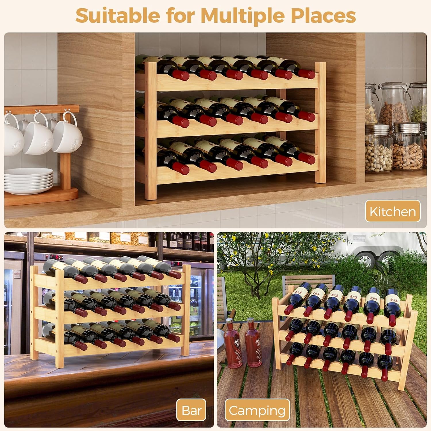 COSTWAY 3-Tier Bamboo Wine Rack 18-Bottle Organizer