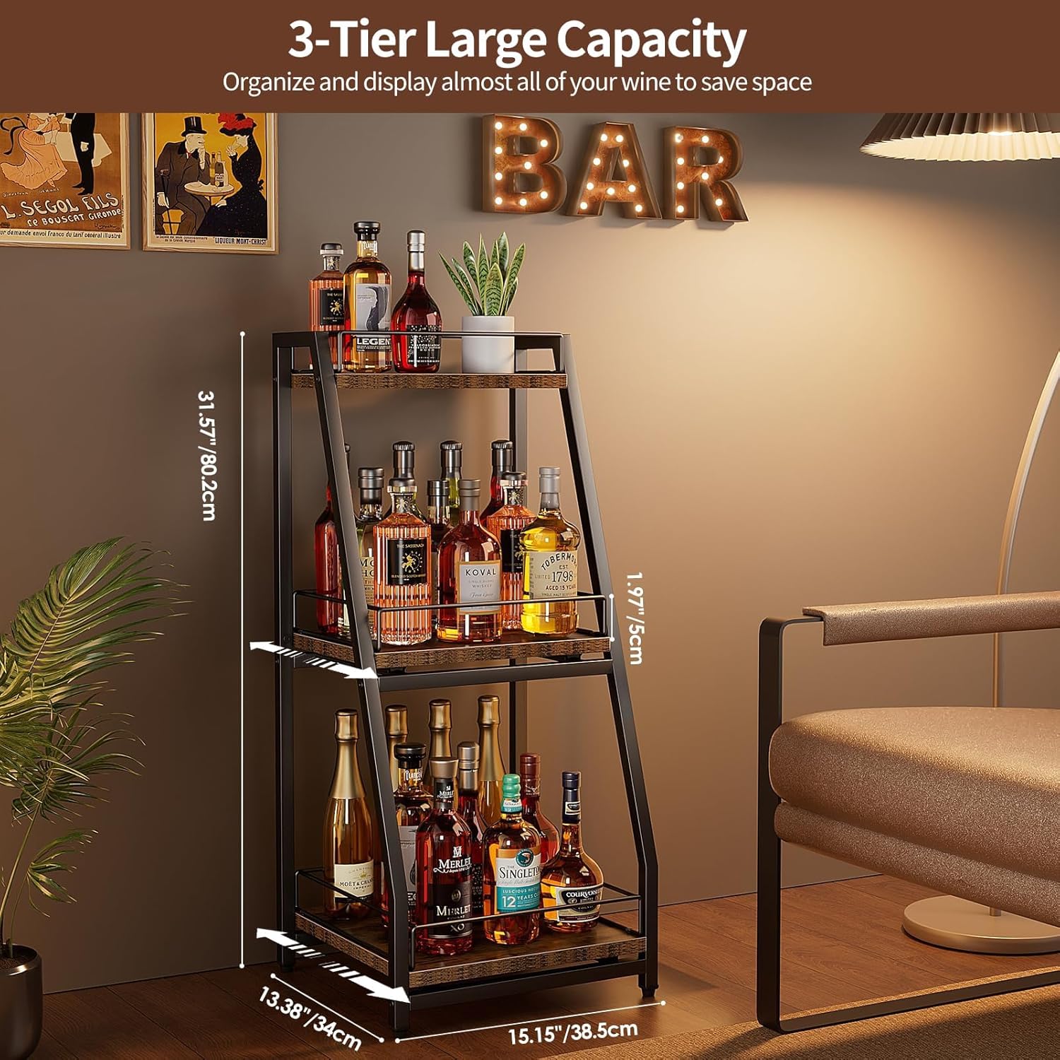 Nuovoware 3-Tier Stepped Liquor Cabinet with Slide Drawer Black