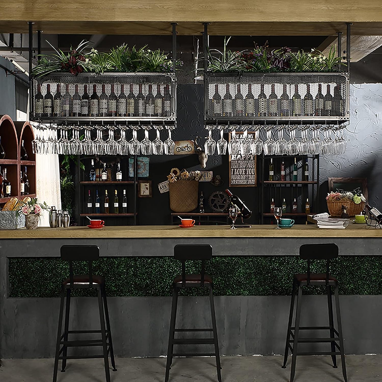 Ceiling Mounted Wine Rack with Adjustable Iron Holder