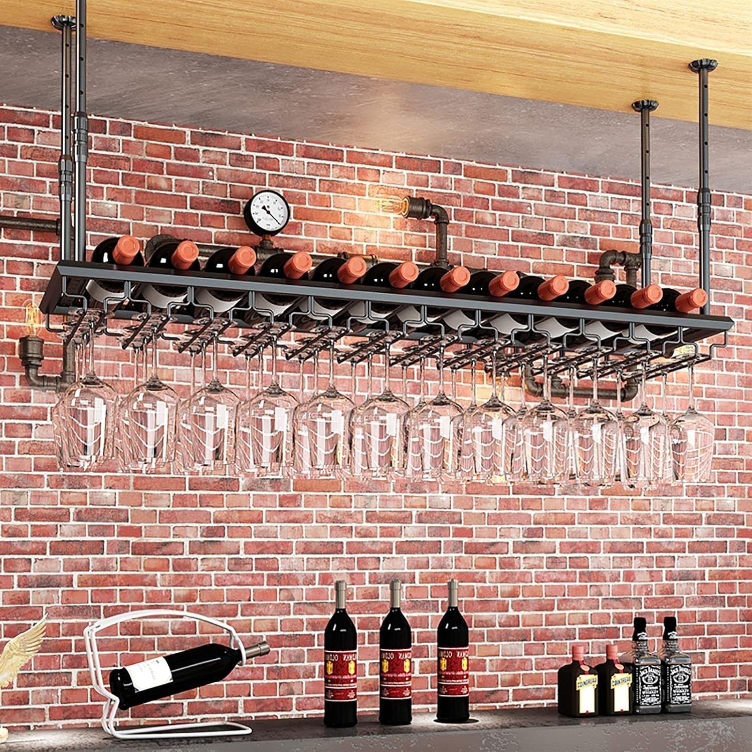 Adjustable Ceiling Wine Rack 100cm Metal Holder for Kitchen Bar