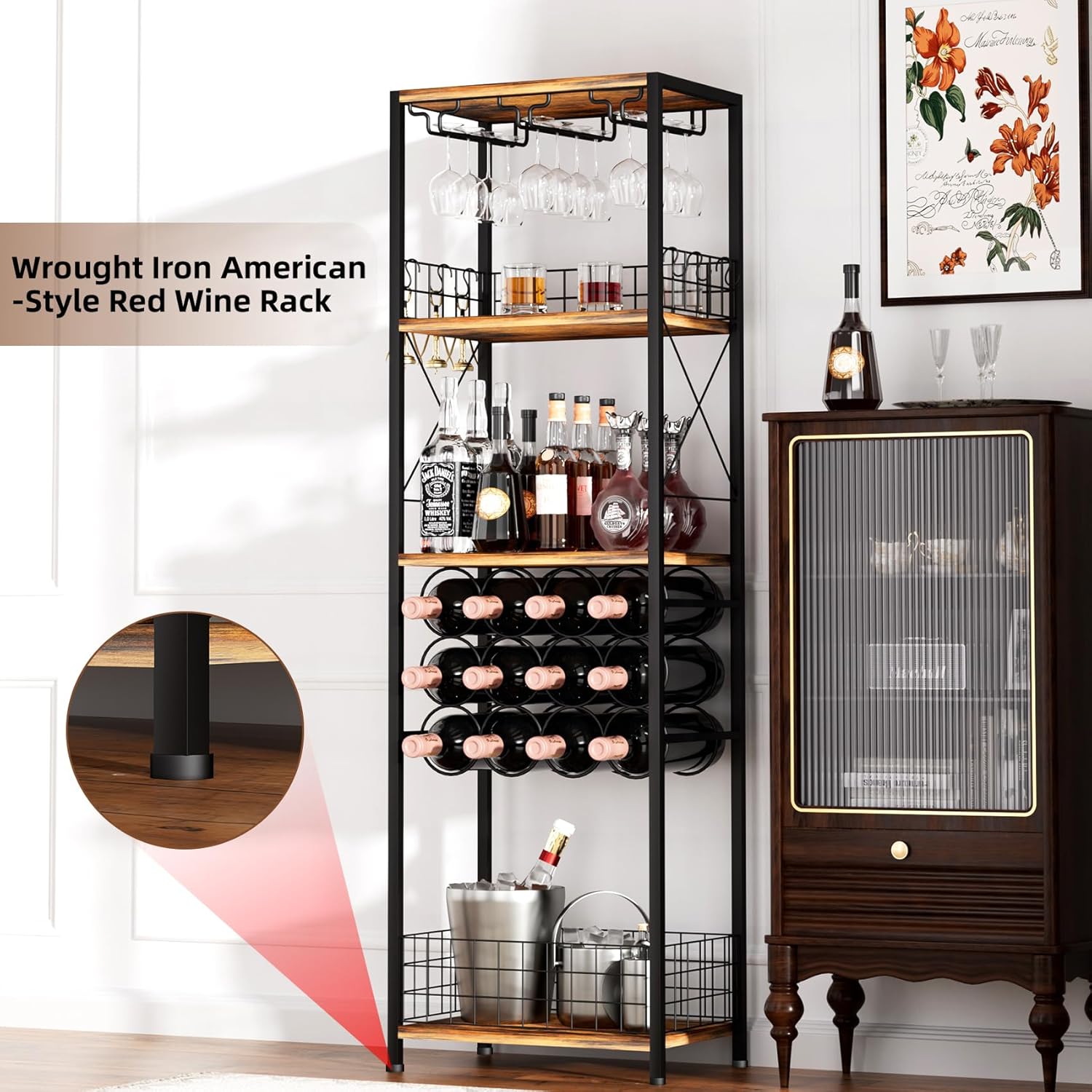 Freestanding Wine Rack with Glass Holder 40-Bottle Capacity Modern Bar Cabinet