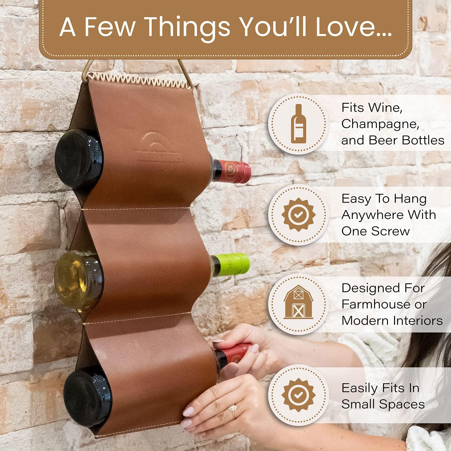 WALBROOK 3 Bottle Wall Wine Rack - Space Saving Leather Design