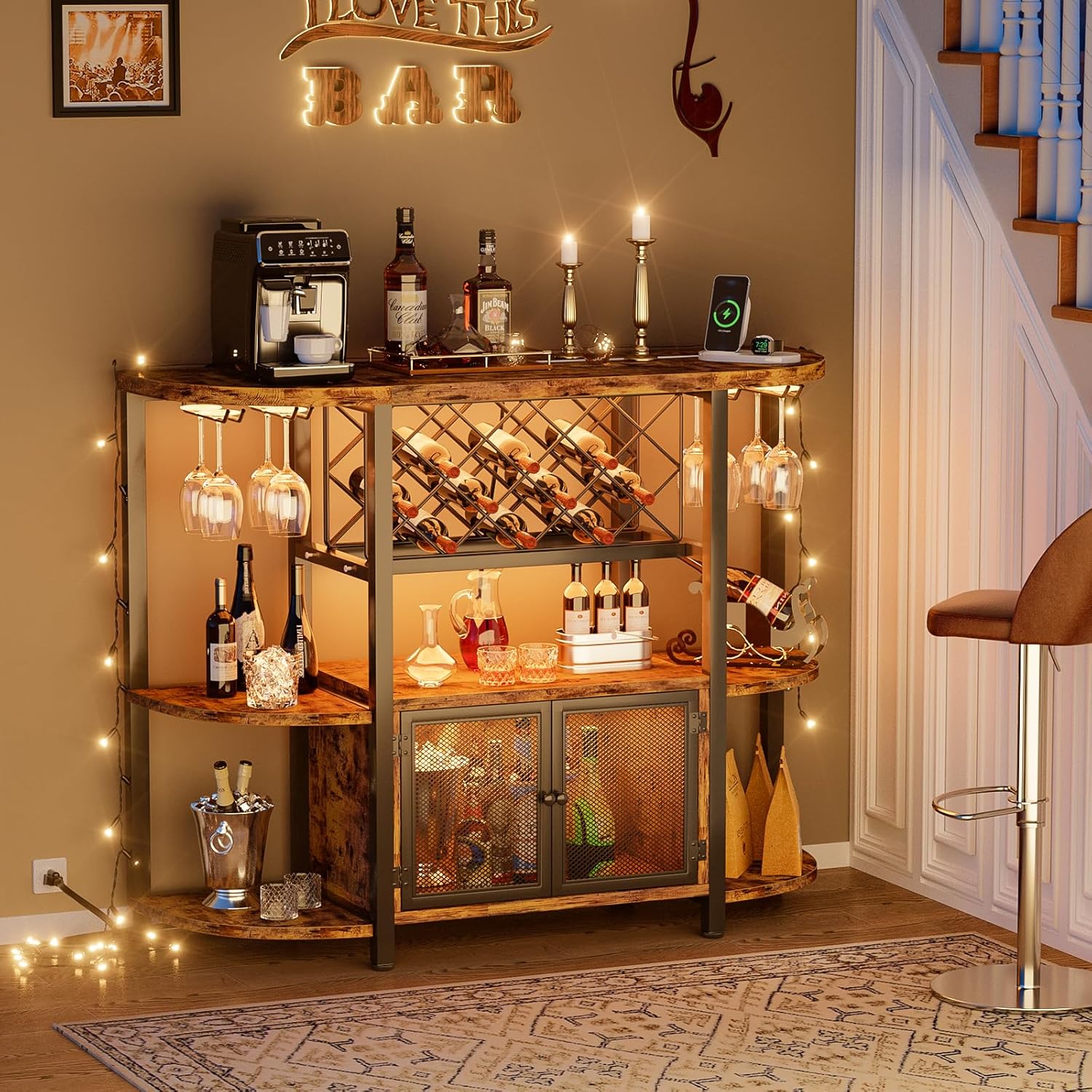 Hyomdeck Freestanding Wine Bar Cabinet with LED Lights and Power Outlets