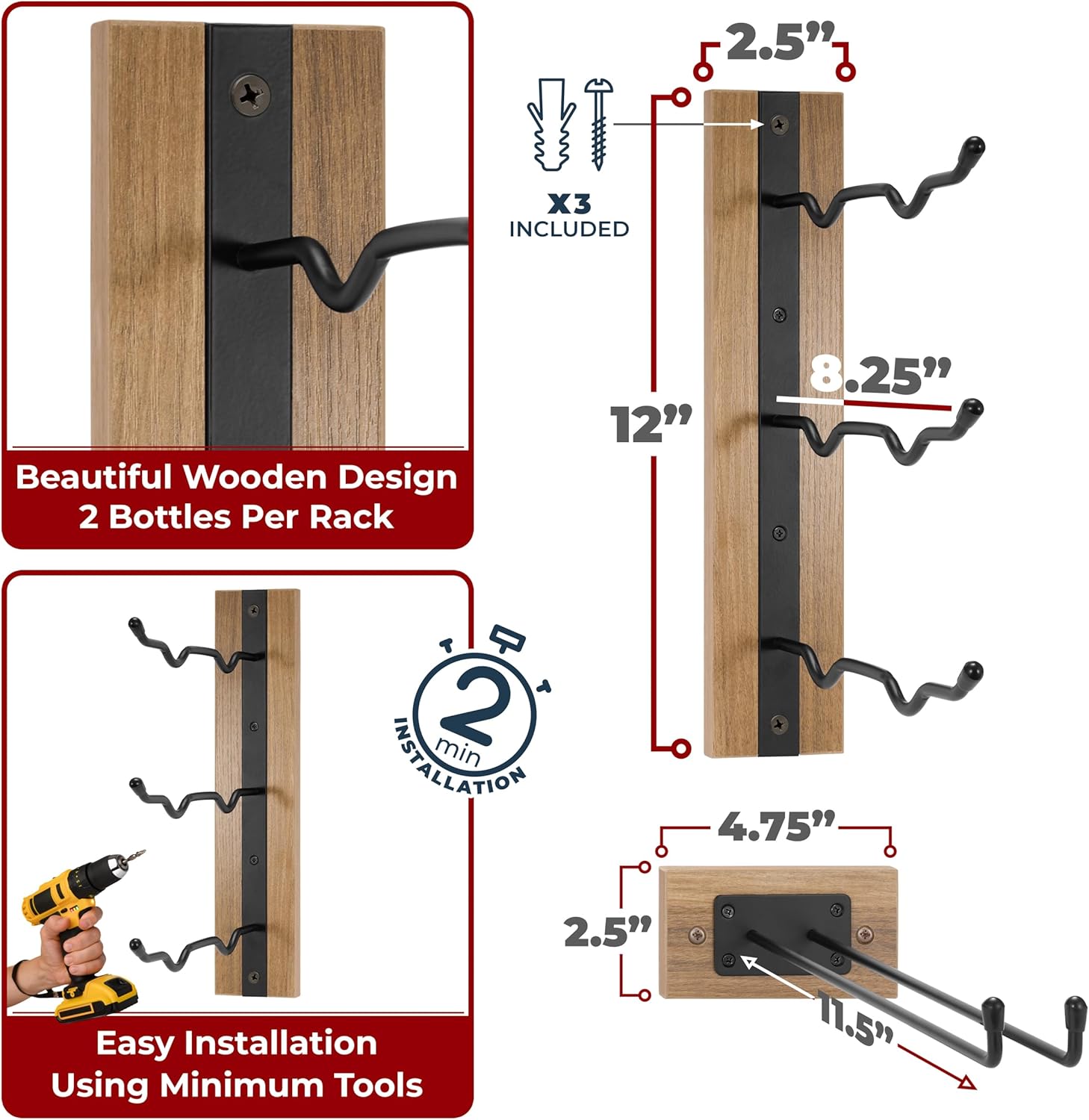 Sorbus Wall Mounted Wine Stemware Rack Set