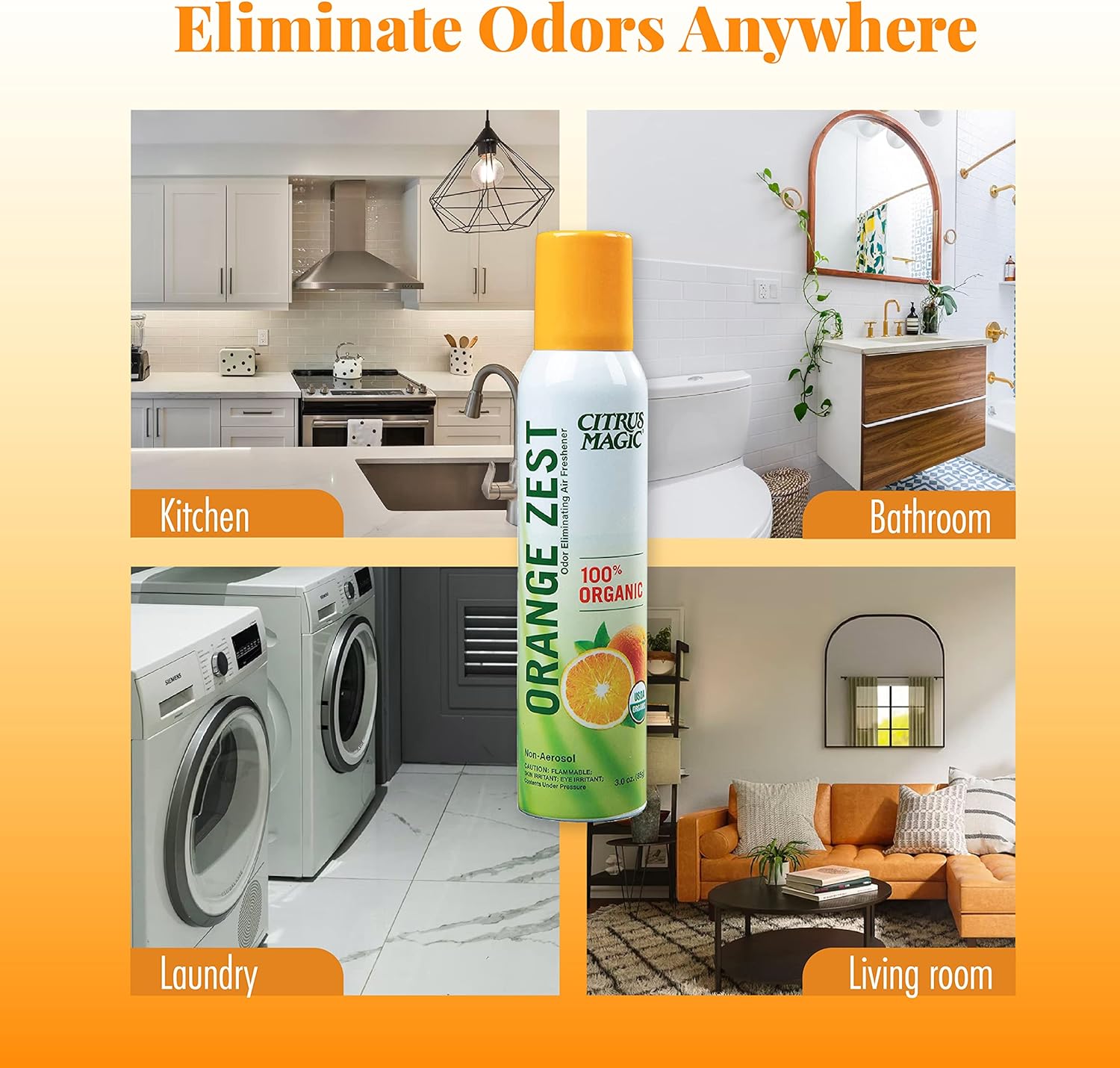 Citrus Magic Organic Air Freshener Spray Orange Zest Pack of 3