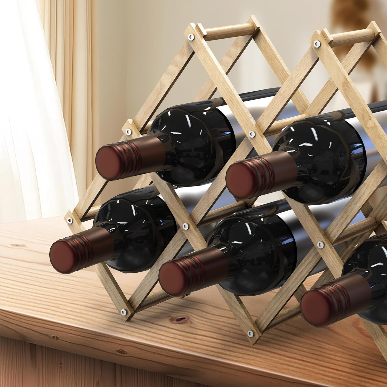 6 Bottle Wood Wine Rack Foldable Stackable