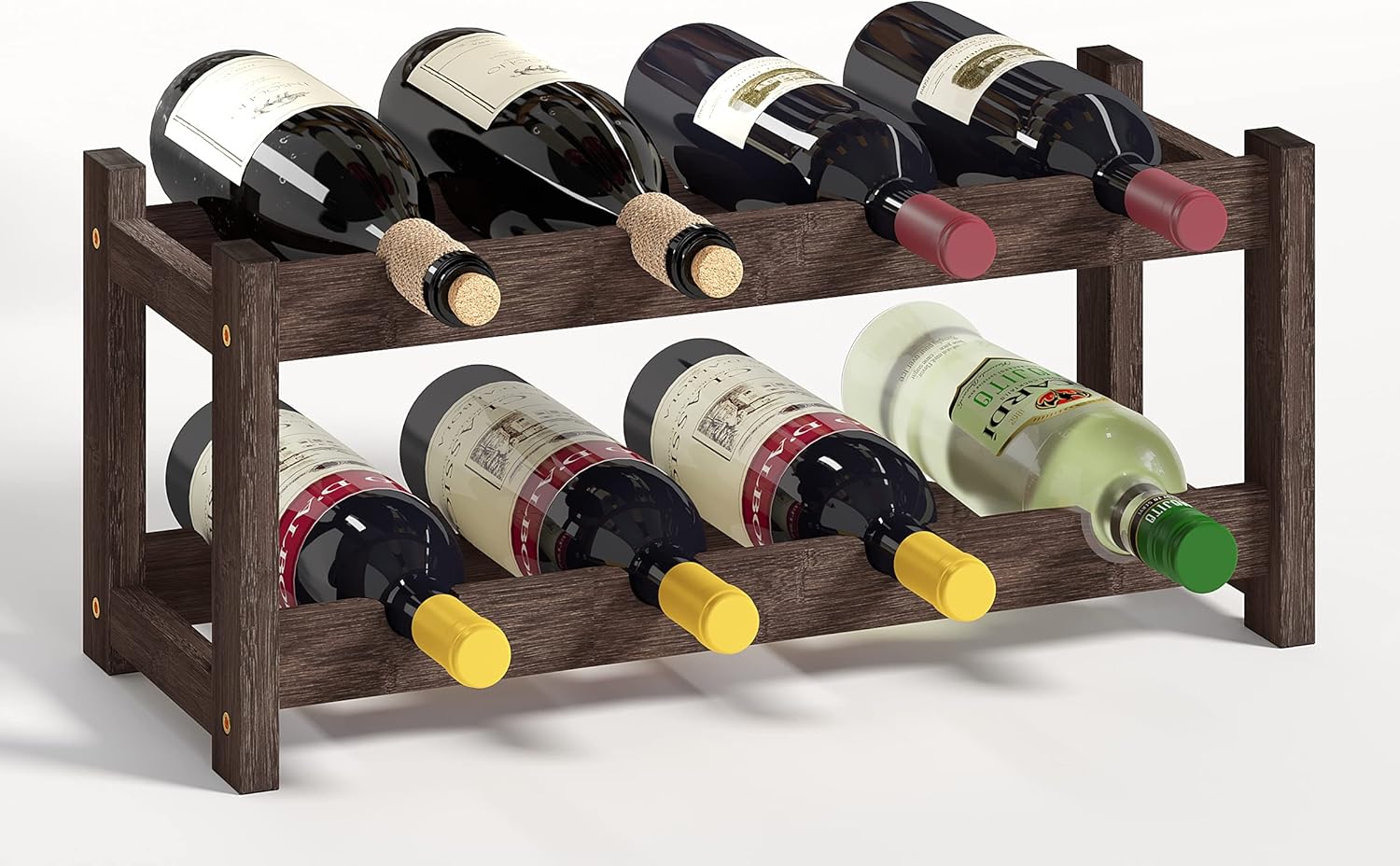 BAMEOS Free Standing 8 Bottle Bamboo Wine Rack 2 Tier