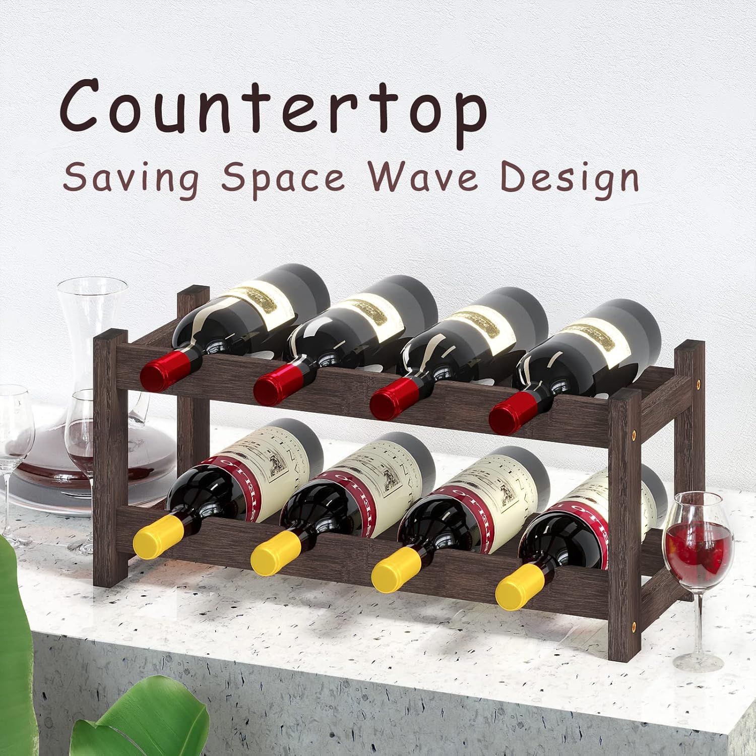 BAMEOS Free Standing 8 Bottle Bamboo Wine Rack 2 Tier