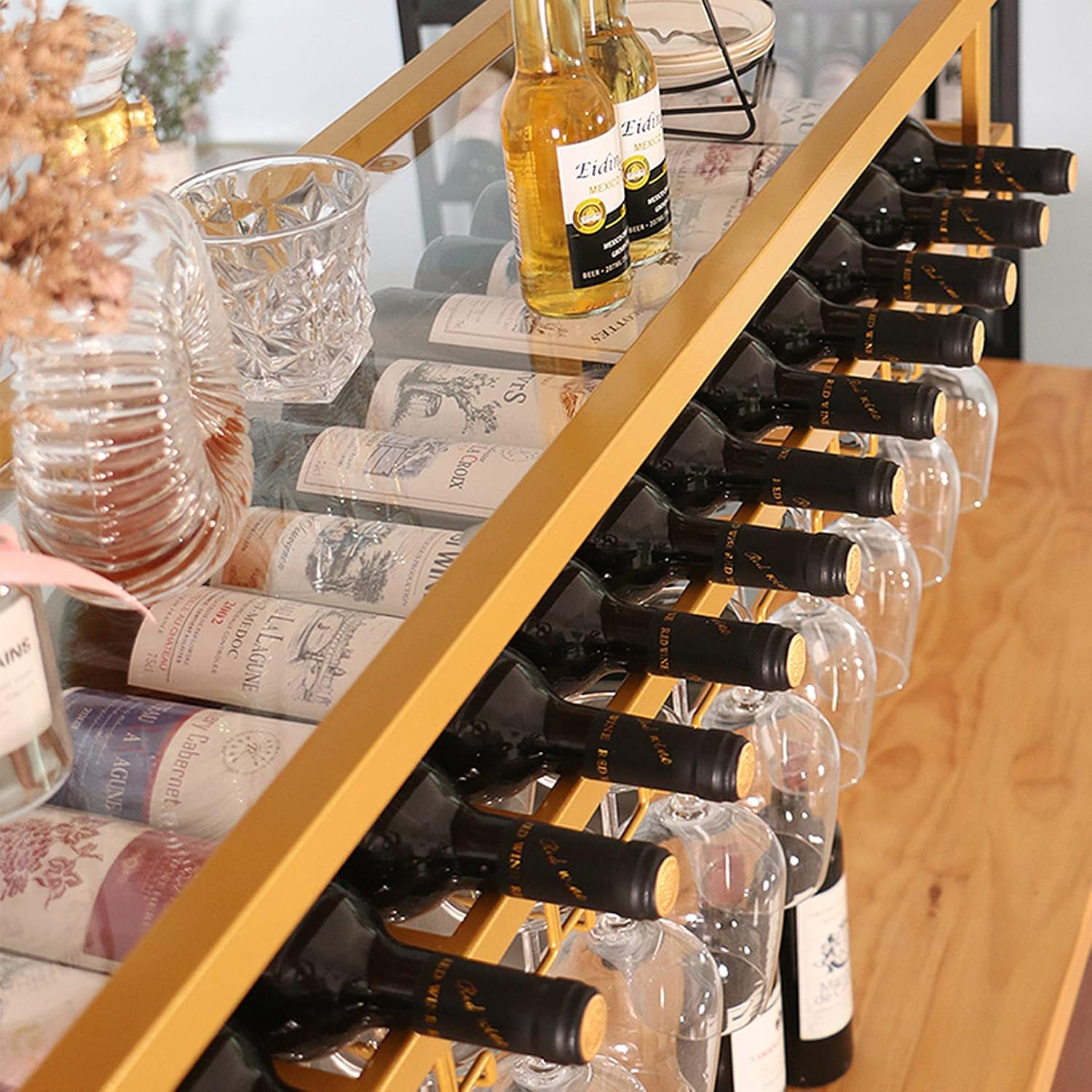 Adjustable Ceiling Wine Rack with Lights and Glass Holder