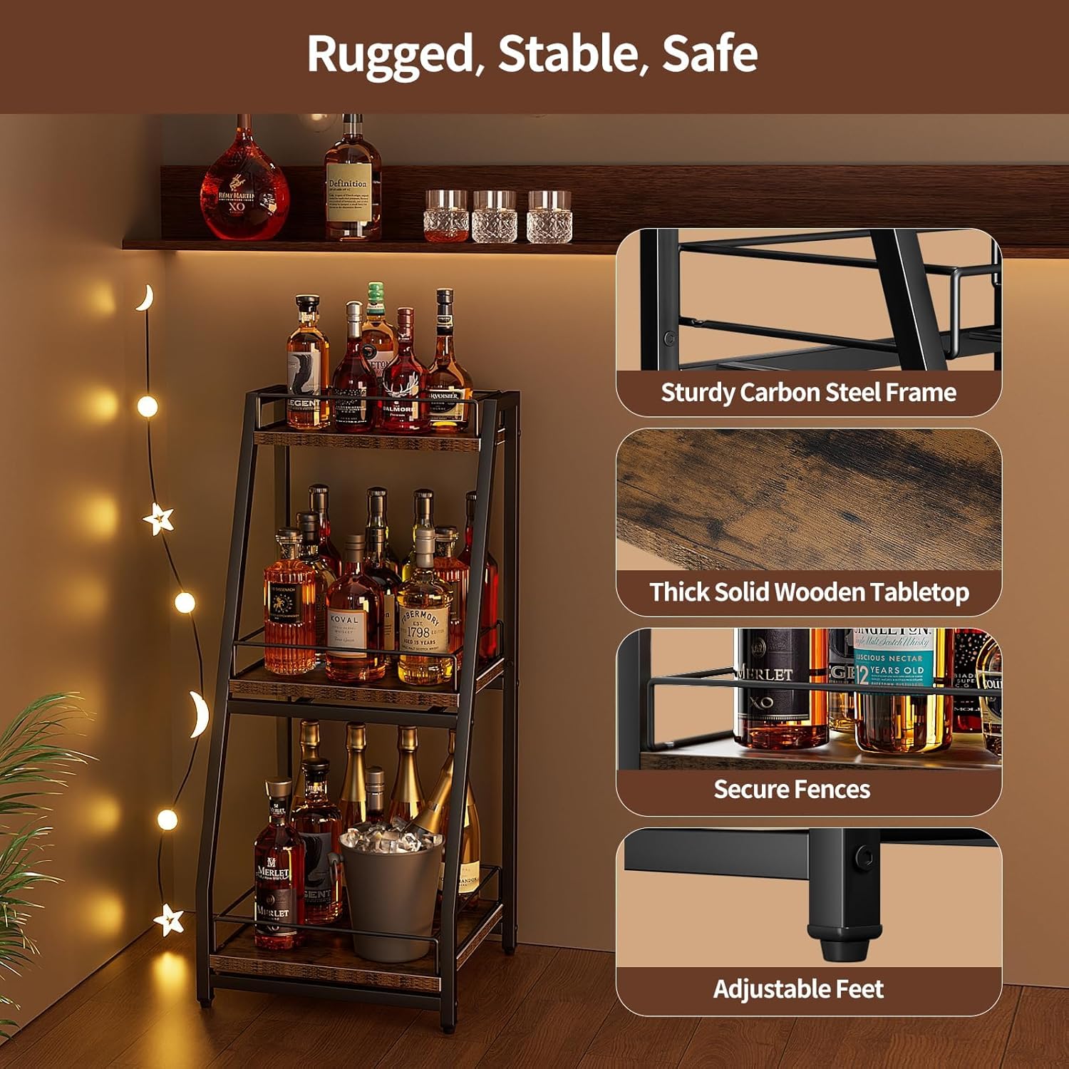 Nuovoware 3-Tier Stepped Liquor Cabinet with Slide Drawer Black