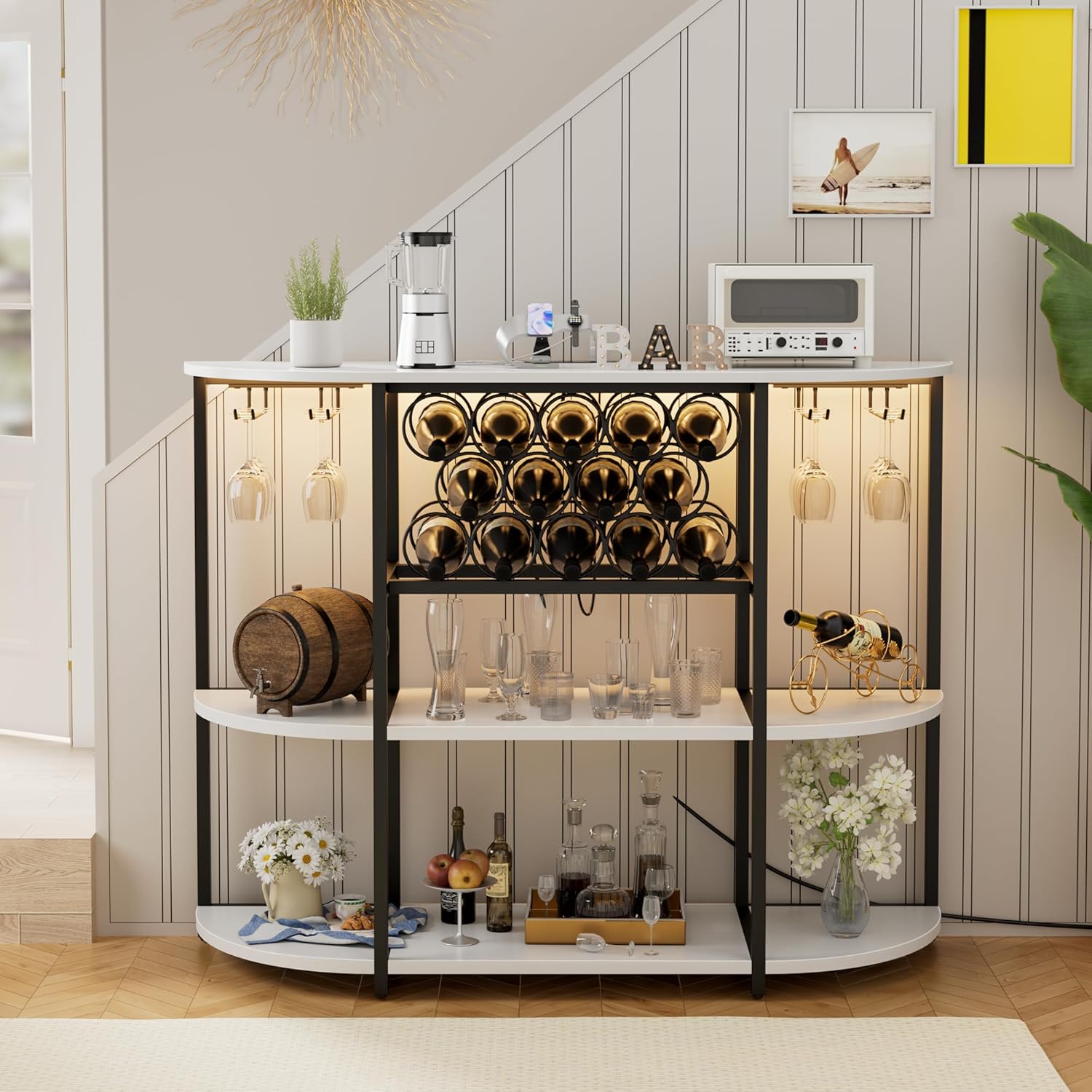 JUMMICO Wine Bar Cabinet with LED Light and Charging Station White