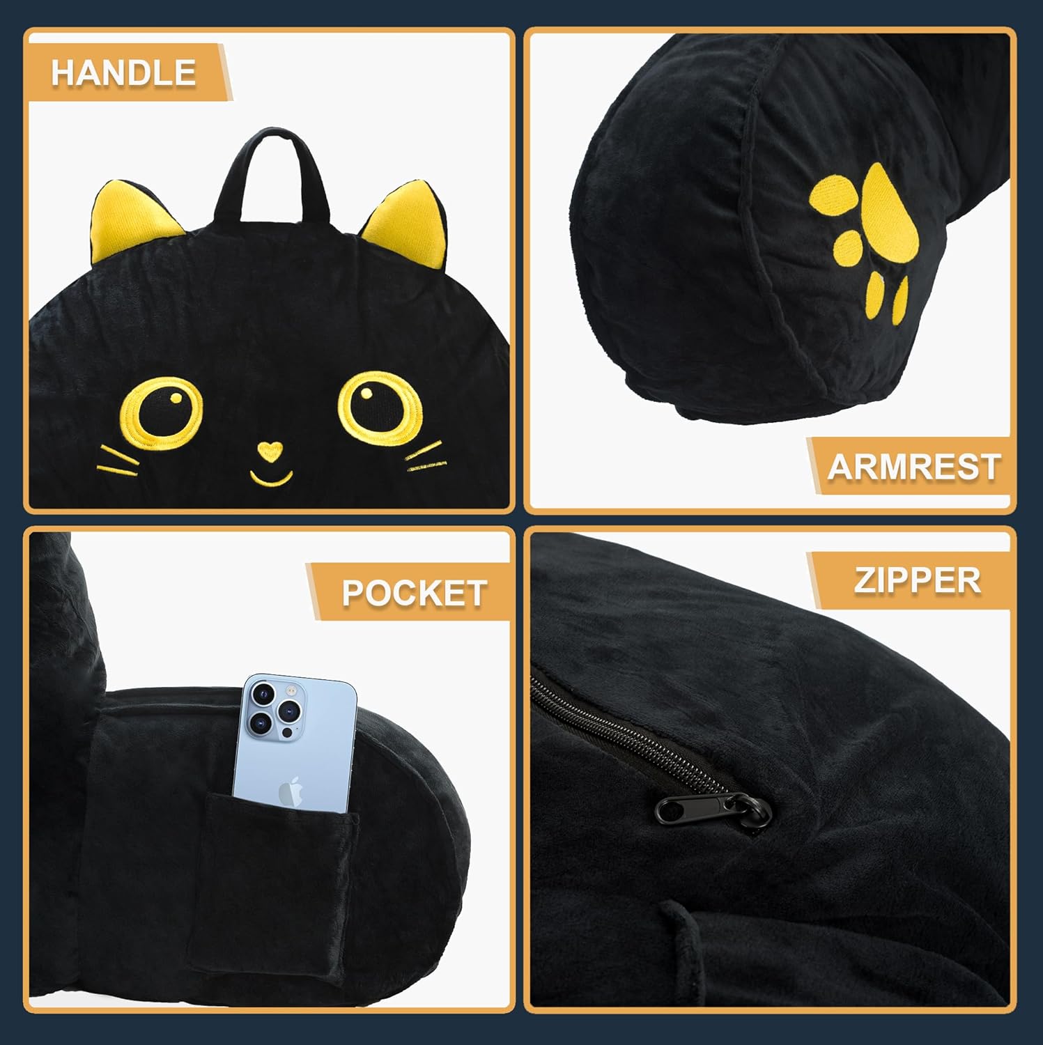 QCats Black Cat Reading Pillow with Armrests and Washable Cover
