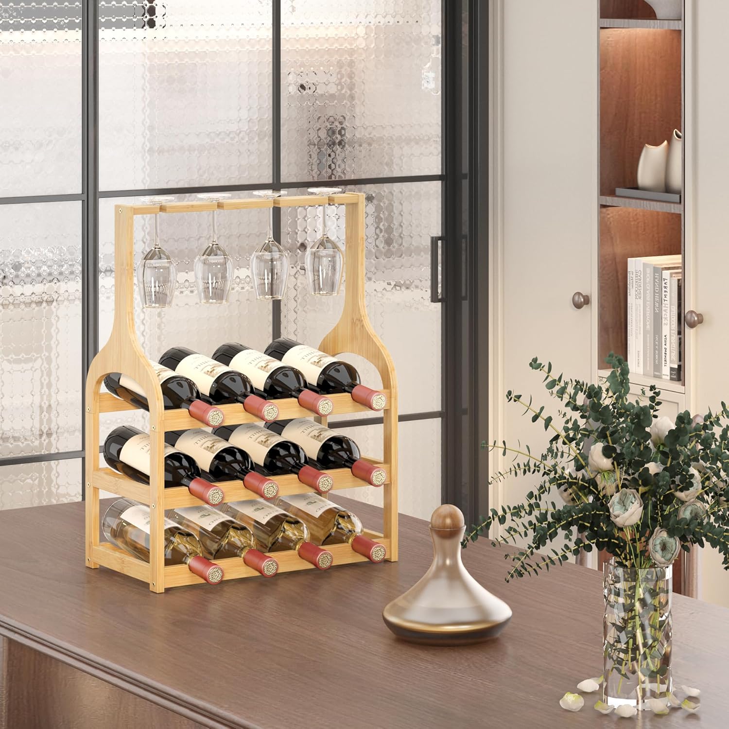 Bamboo Wine Rack Holds 12 Bottles and 4 Glasses