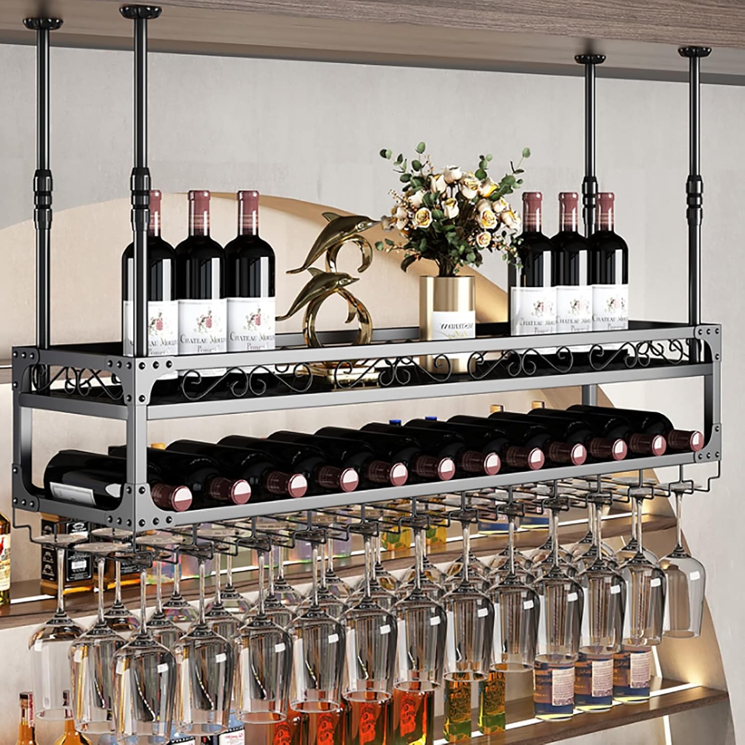 Adjustable Iron Wall-Mounted Wine Rack with Glass Holder
