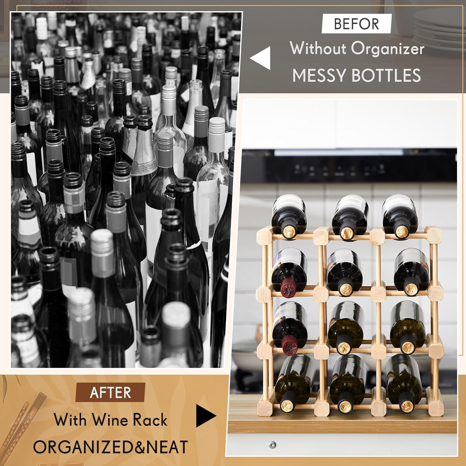 Juexica 12-Bottle Wooden Wine Rack Stackable