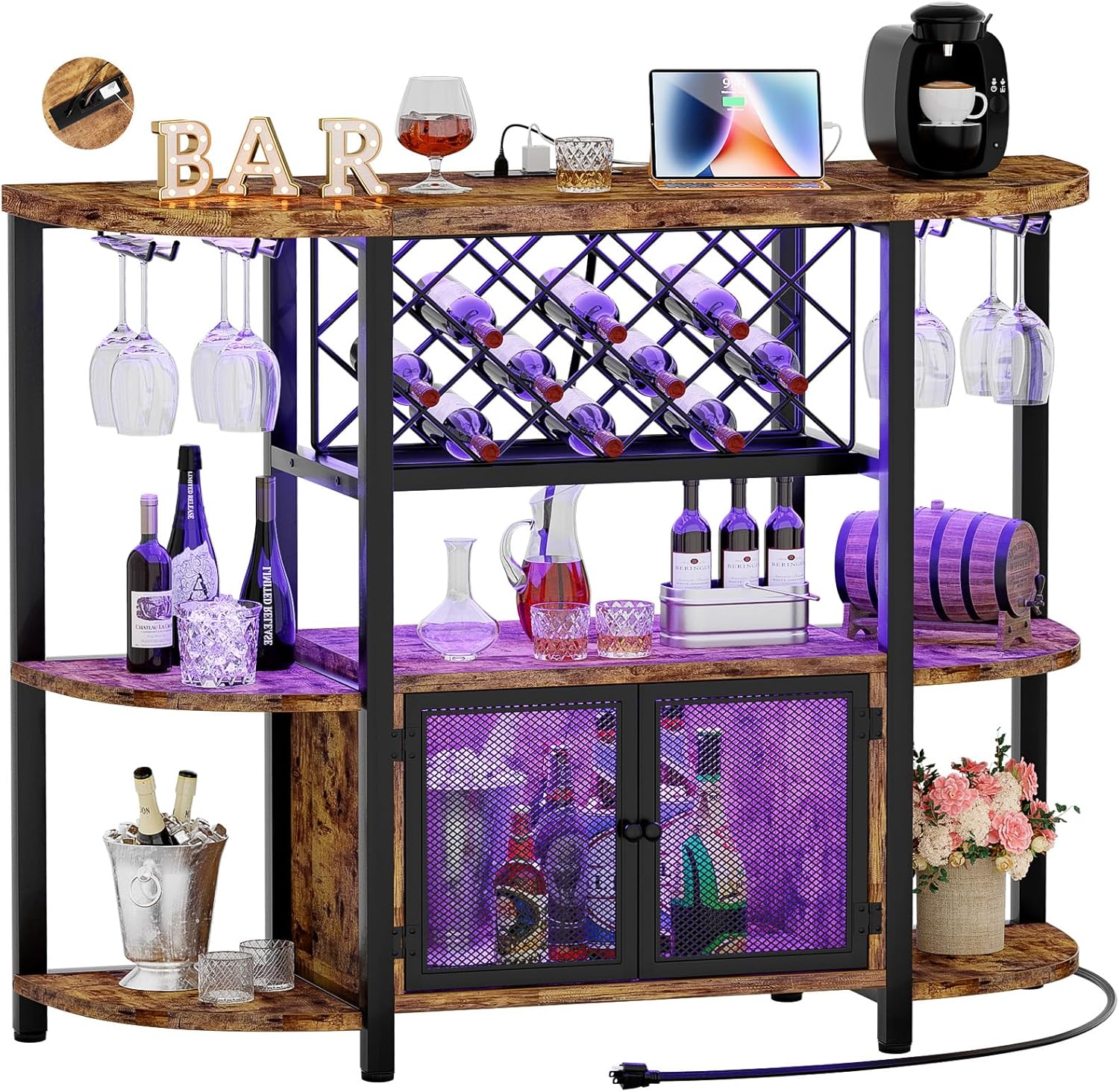 Hyomdeck Freestanding Wine Bar Cabinet with LED Lights and Power Outlets