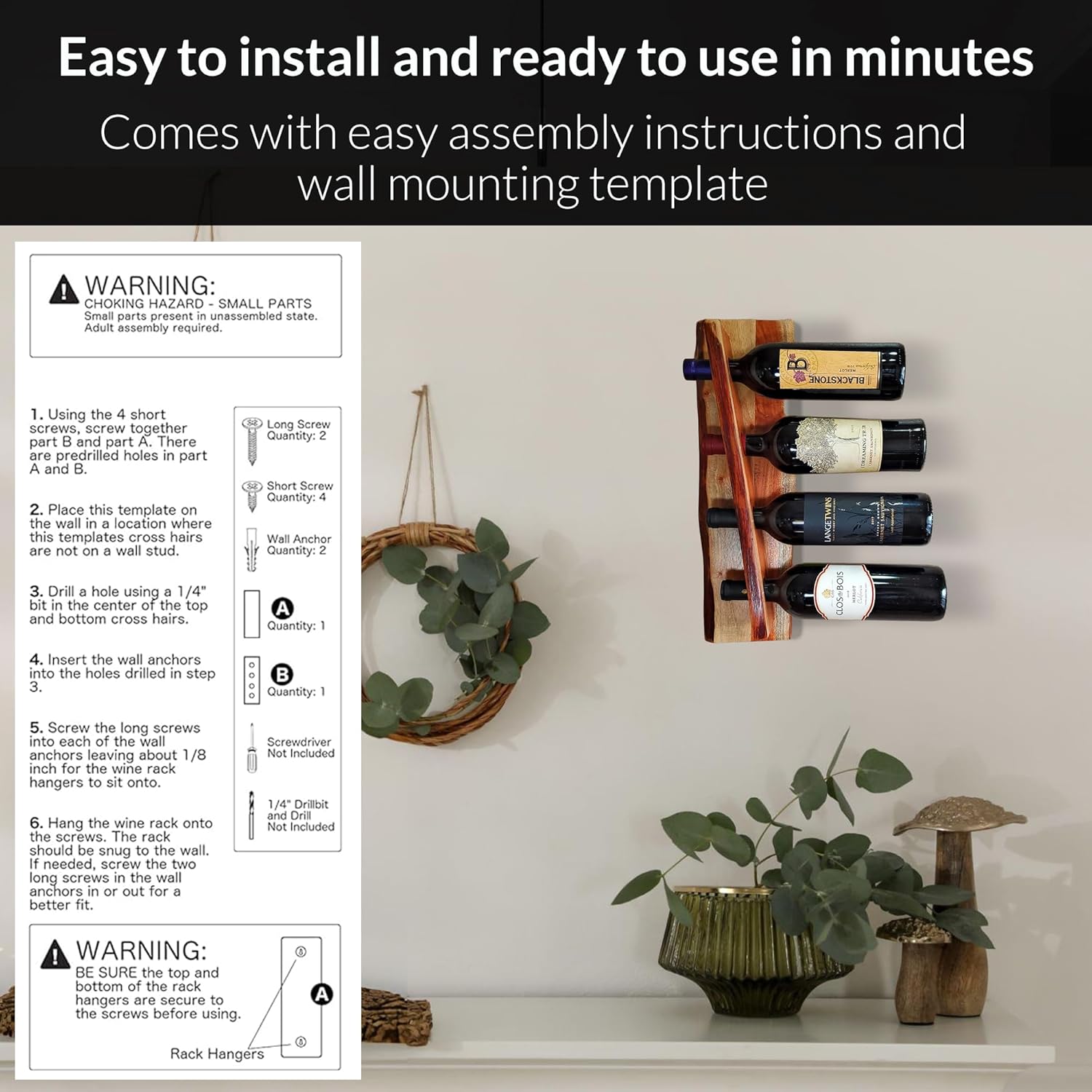 Featherlee Wall Mount Wine Rack for 4 Bottles