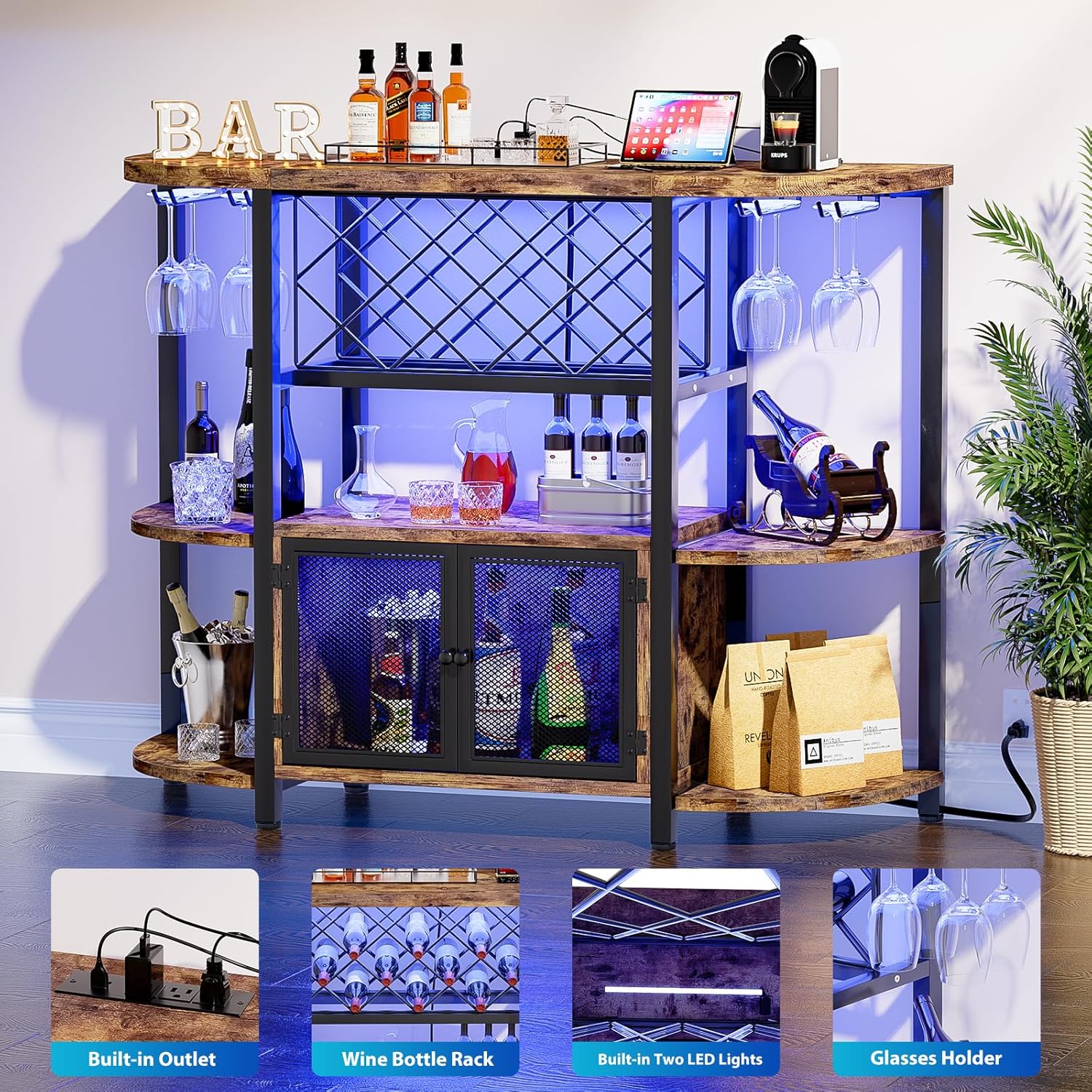 Hyomdeck Freestanding Wine Bar Cabinet with LED Lights and Power Outlets